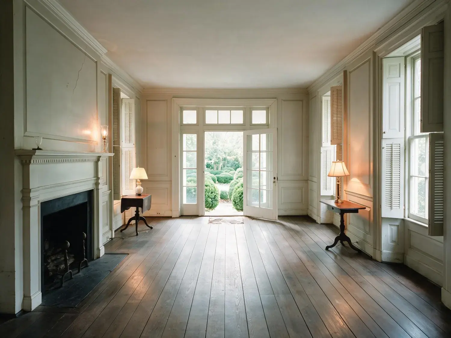 Before and after of a Belle Meade colonial room, flat and dim with the garden doors blown out. — enhanced by Plotpane