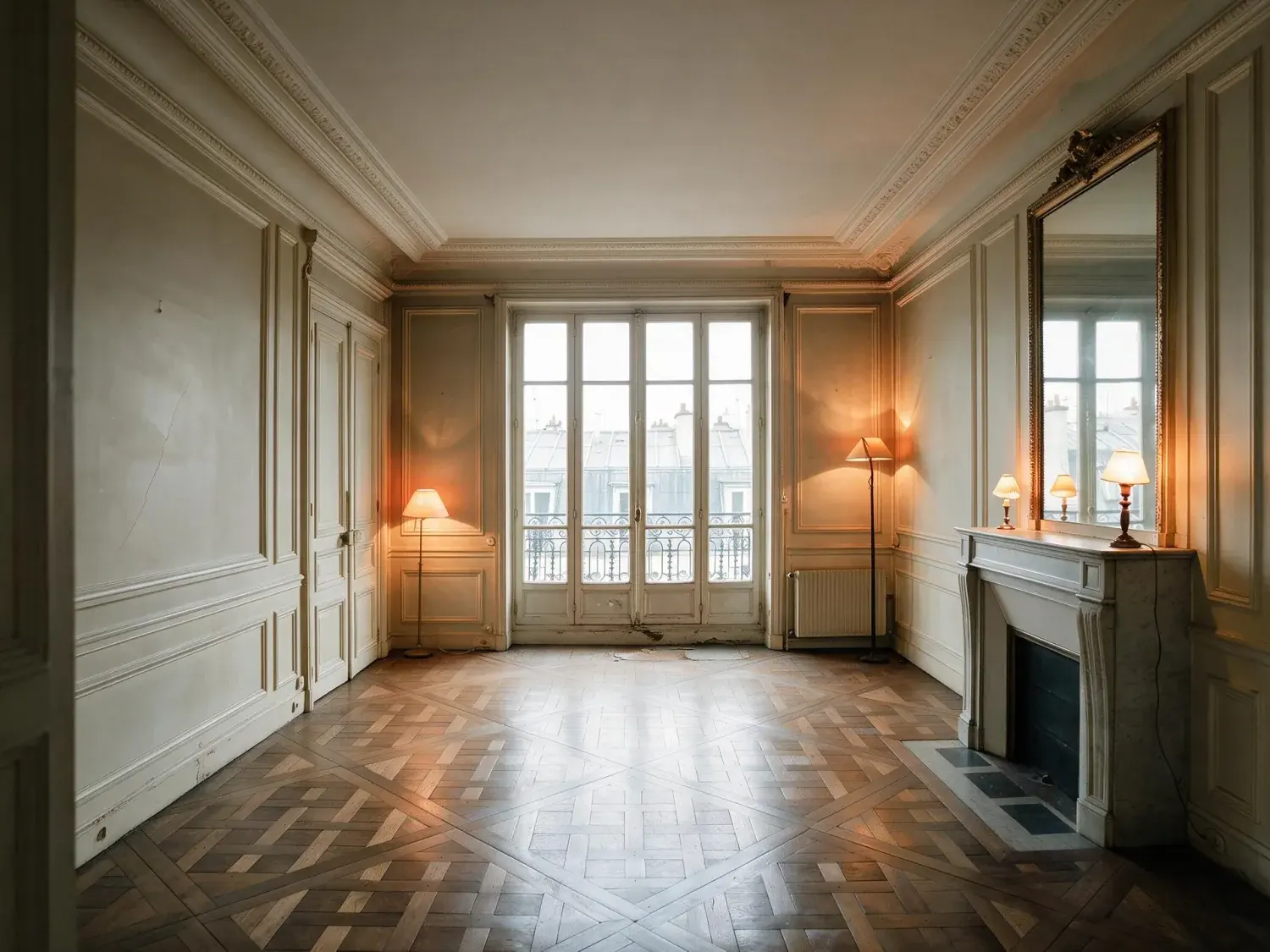 Before and after of a 6e Haussmannian salon, murky under Paris cloud with the balcony doors burnt to white.