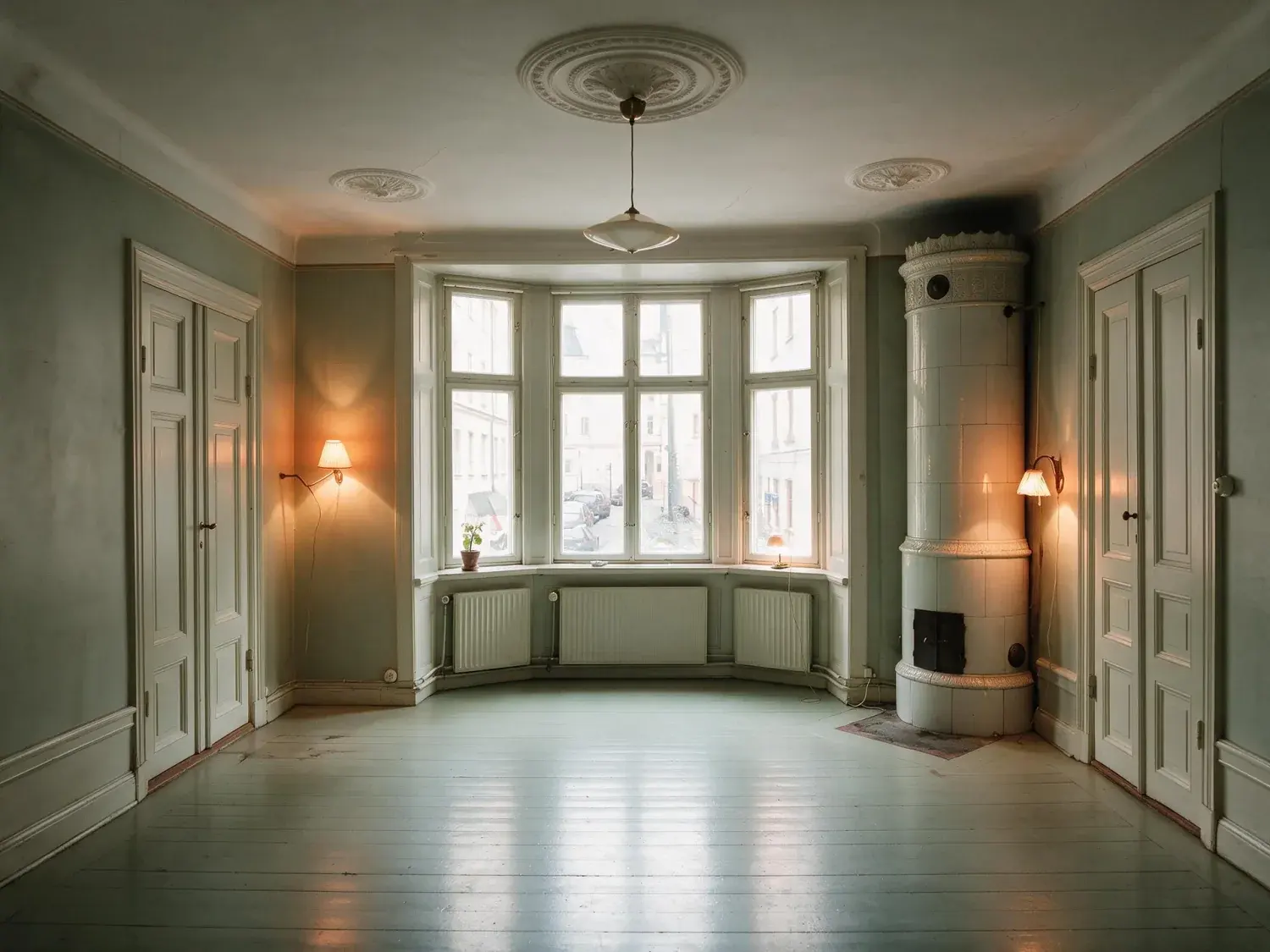 Before and after of an Östermalm sekelskifte flat, flat and grey with the bay window blown out. — enhanced by Plotpane