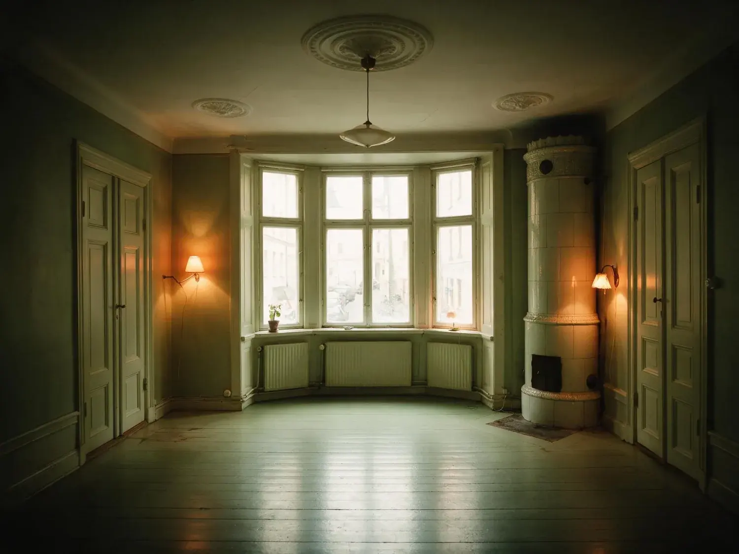 Before and after of an Östermalm sekelskifte flat, flat and grey with the bay window blown out. — original listing photo before editing