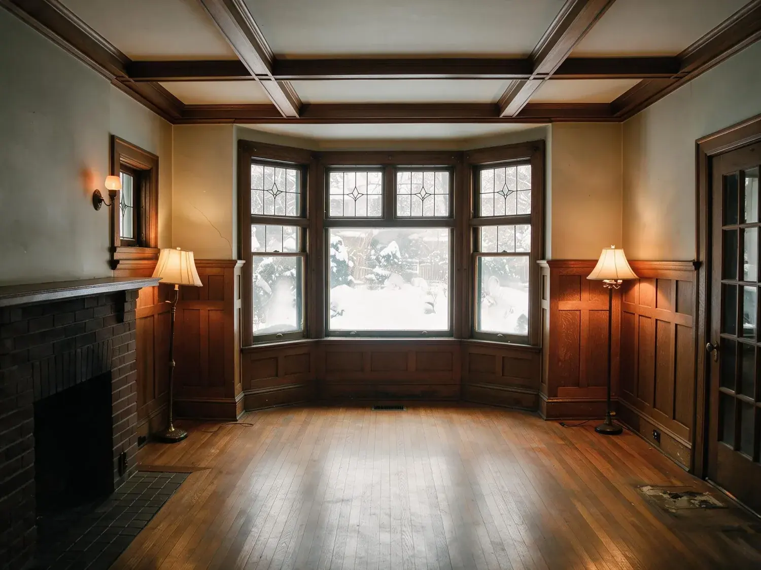 Before and after of a Rosedale living room, dim in winter light with the garden window blown out. — enhanced by Plotpane