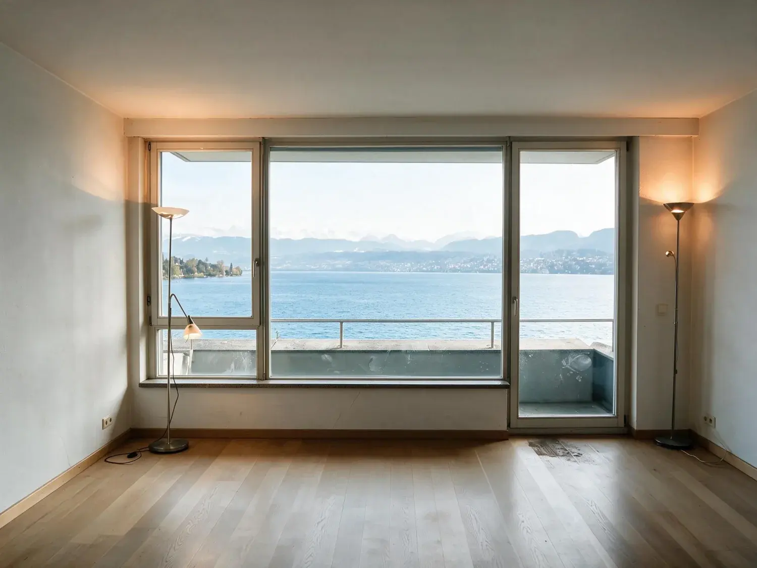 Before and after of a Seefeld lakeside flat, dim with the lake glare unmanaged. — enhanced by Plotpane