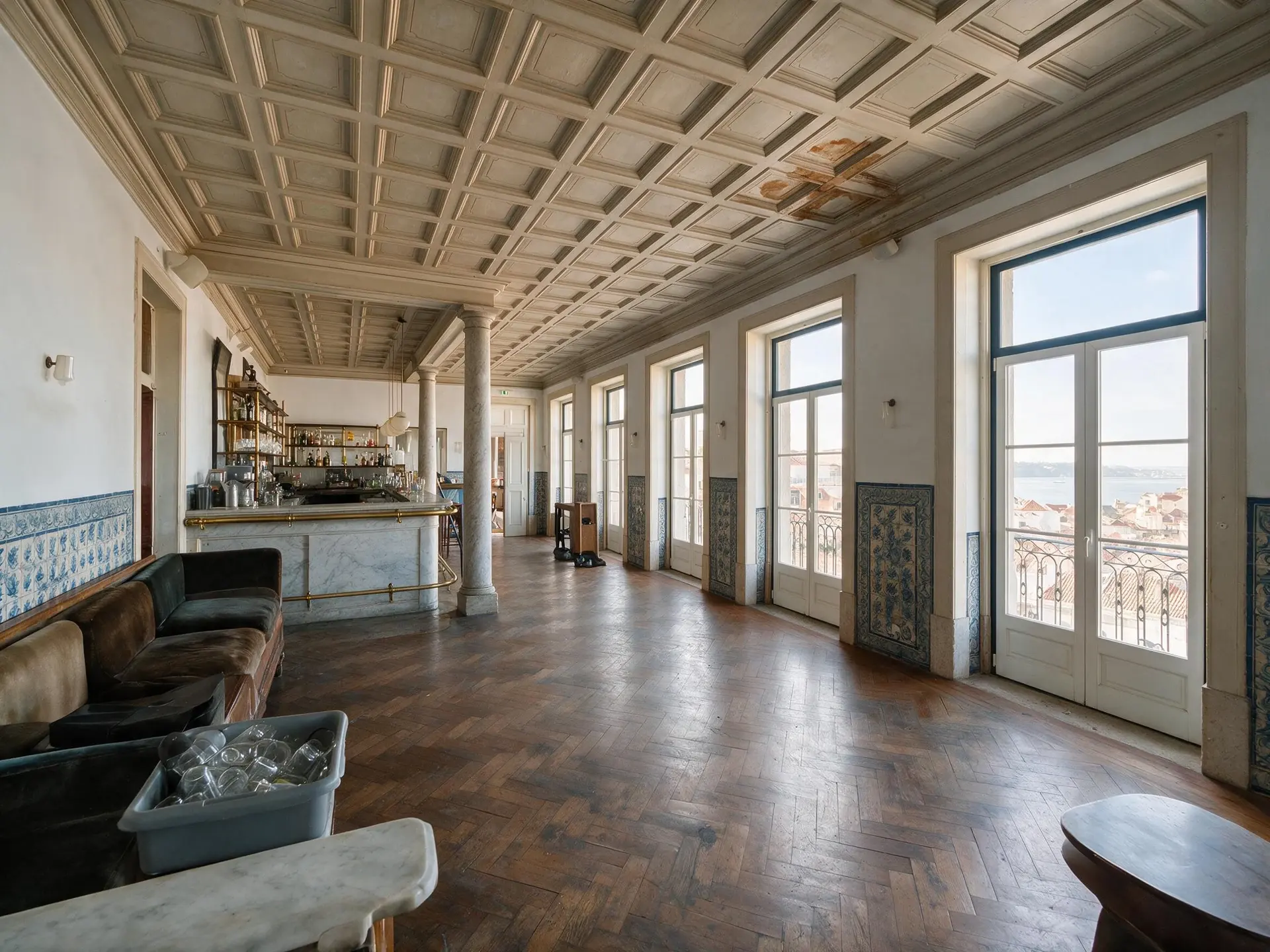 Before and after of a members' club lounge in Lisbon with service clutter removed.