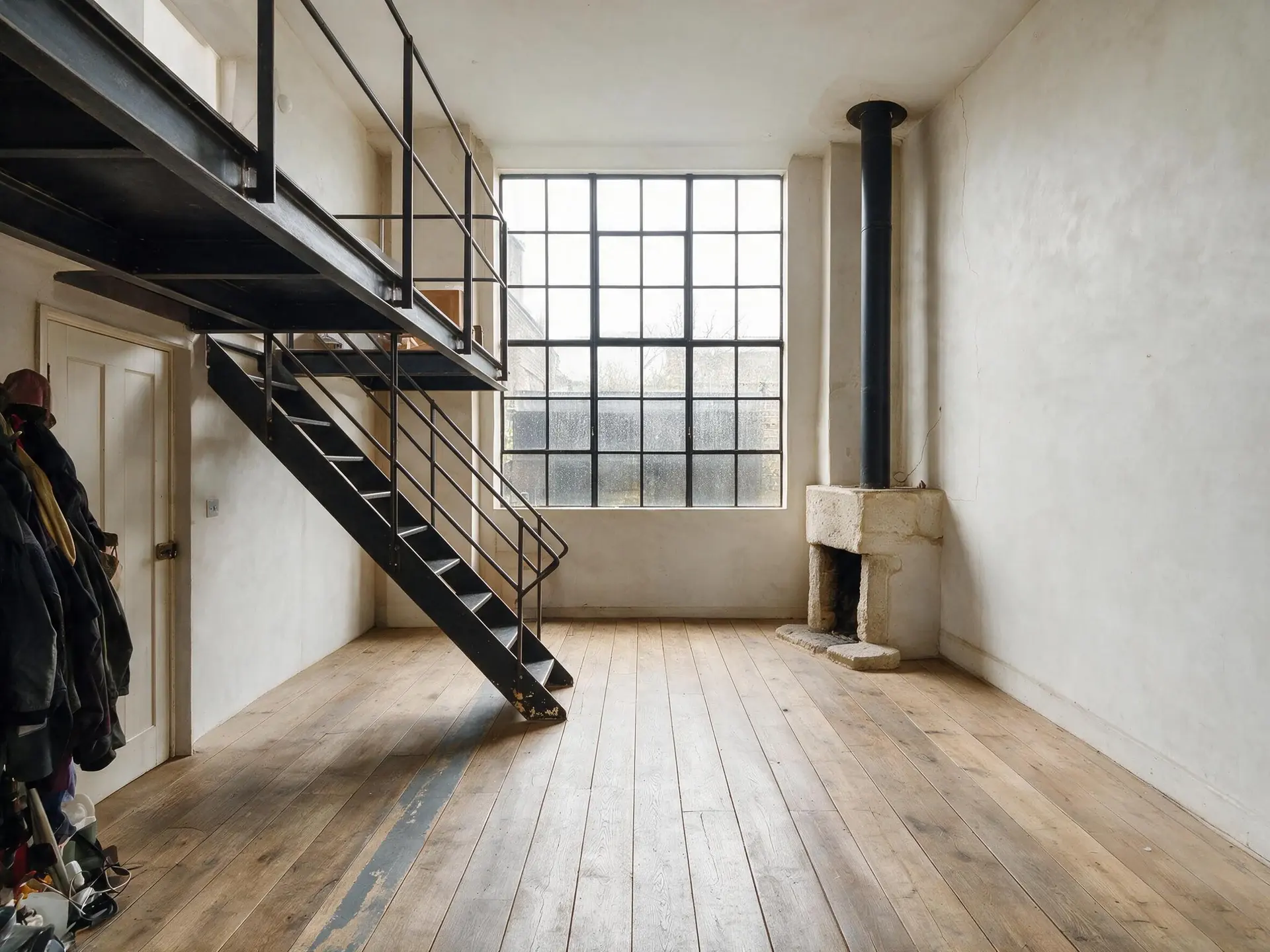Before and after of a double-height Chelsea studio house in London with household clutter removed.