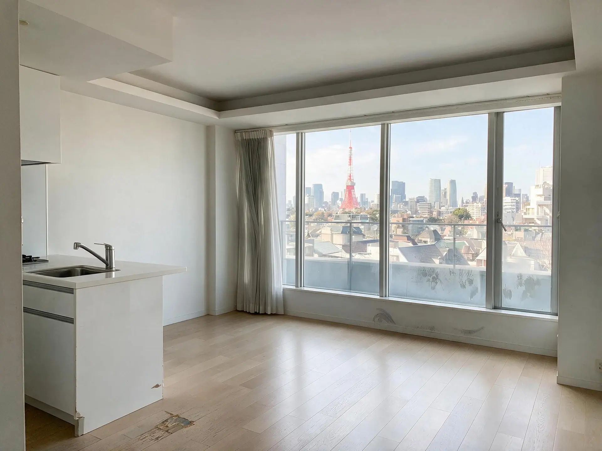 Before and after of a tower residence living room in Azabu, Tokyo, with clutter removed. — enhanced by Plotpane