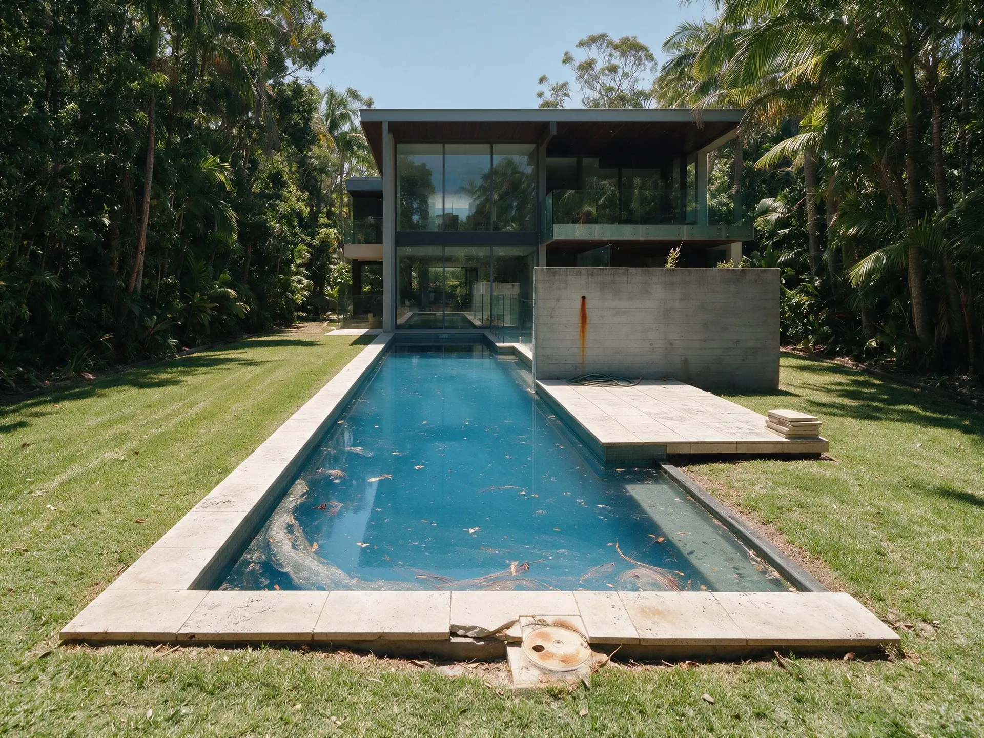 Before and after of the lap pool and lawn at an Al Barari garden villa in Dubai. — enhanced by Plotpane