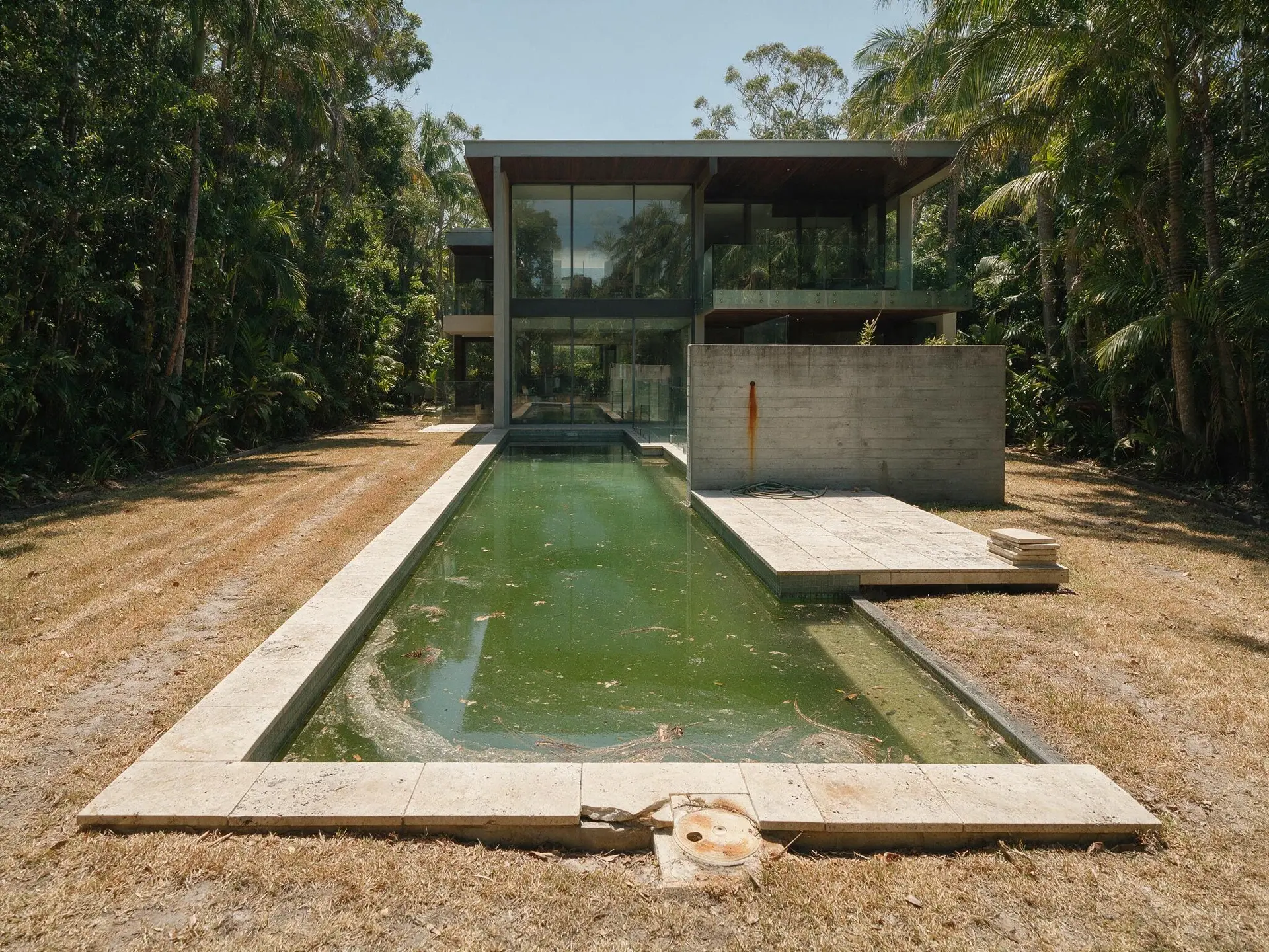 Before and after of the lap pool and lawn at an Al Barari garden villa in Dubai. — original listing photo before editing