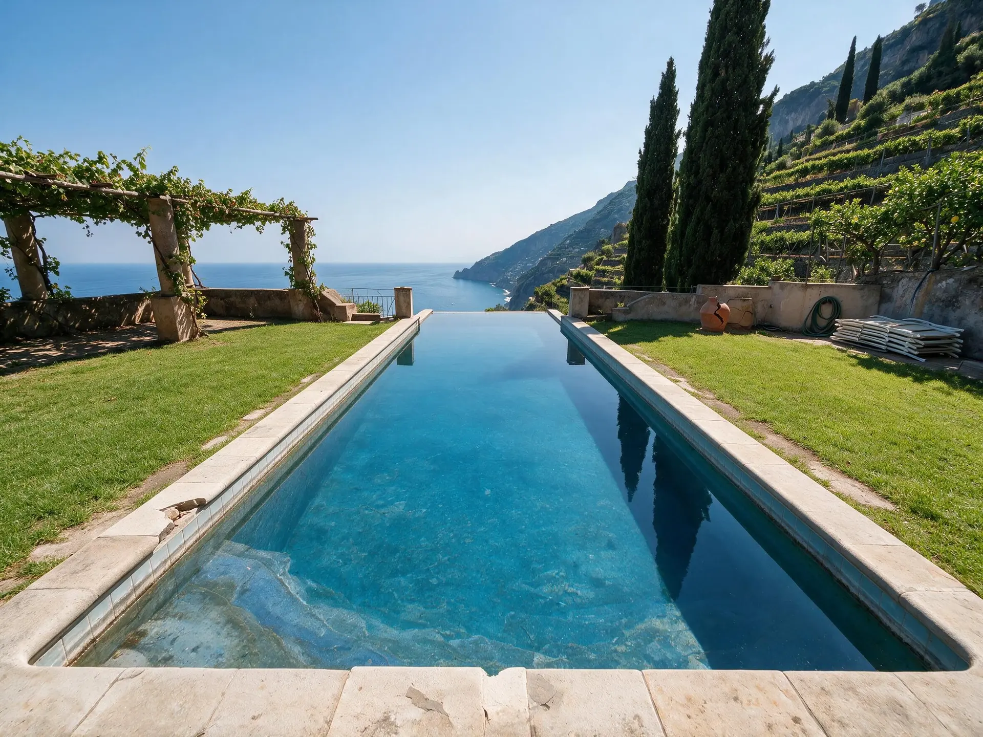 Before and after of an infinity pool and lawn at a clifftop villa in Ravello on the Amalfi coast.