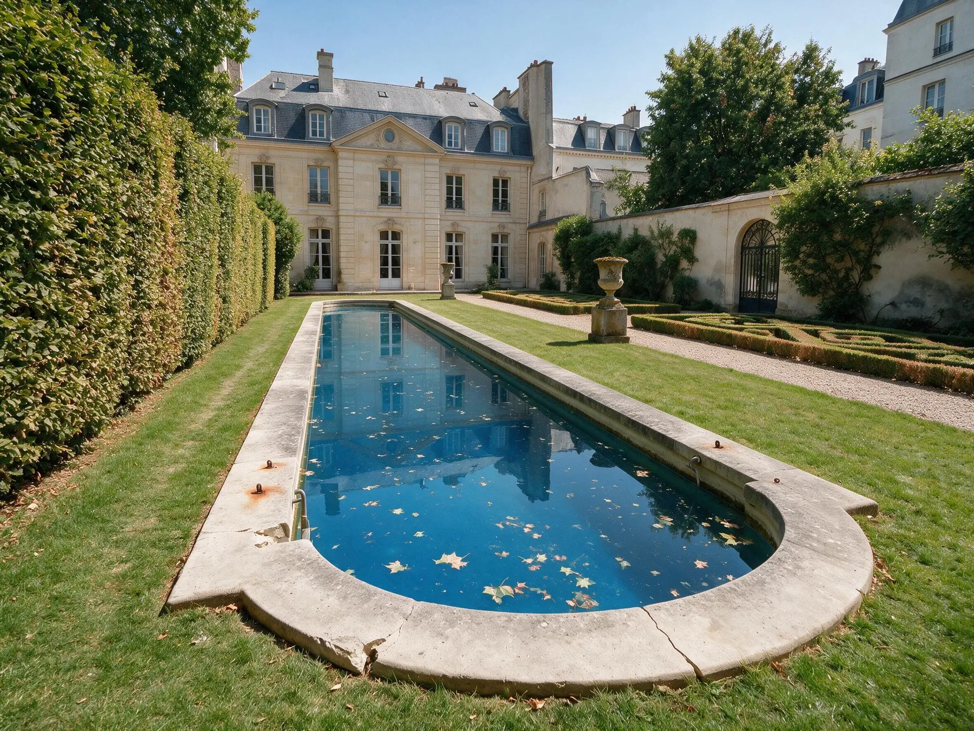 Before and after of a hôtel particulier garden and lap pool in the 7th arrondissement, Paris.