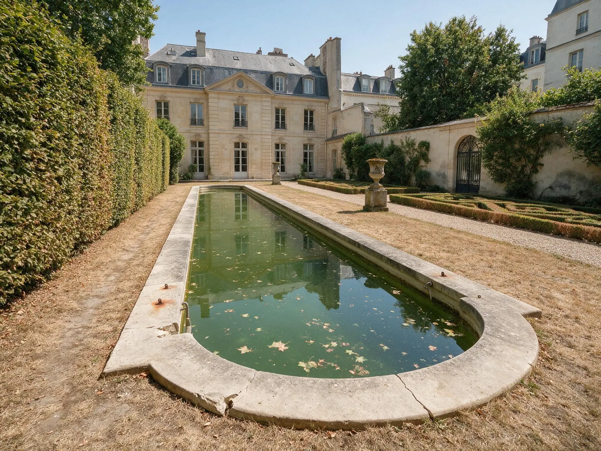 Before and after of a hôtel particulier garden and lap pool in the 7th arrondissement, Paris. — original listing photo before editing