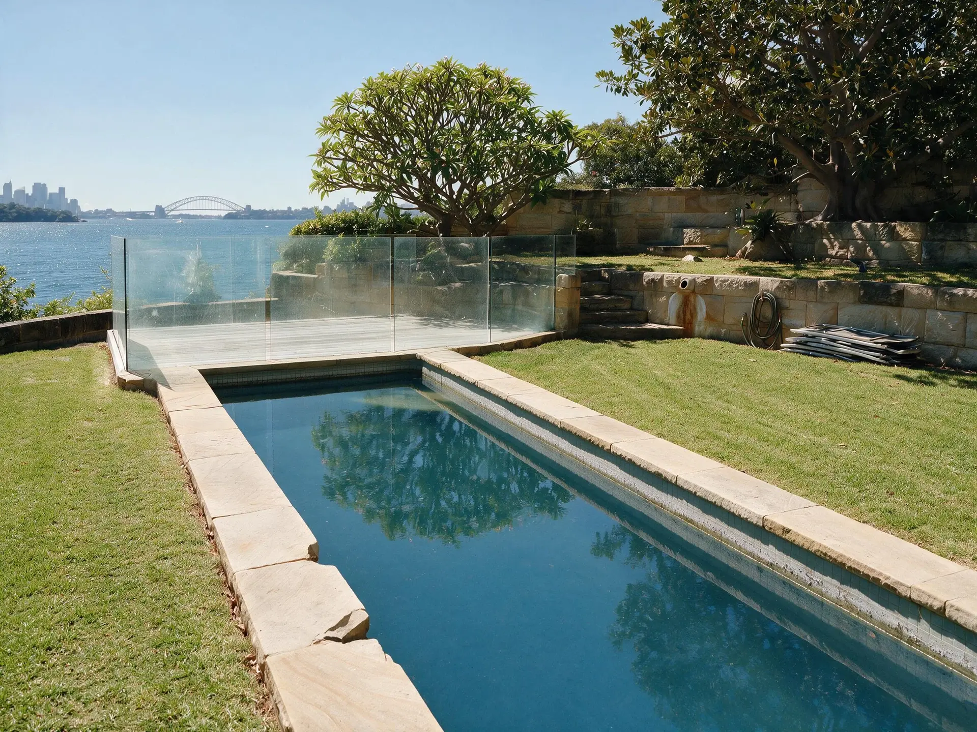 Before and after of a terraced pool and lawn at a harbourfront house in Point Piper, Sydney. — enhanced by Plotpane
