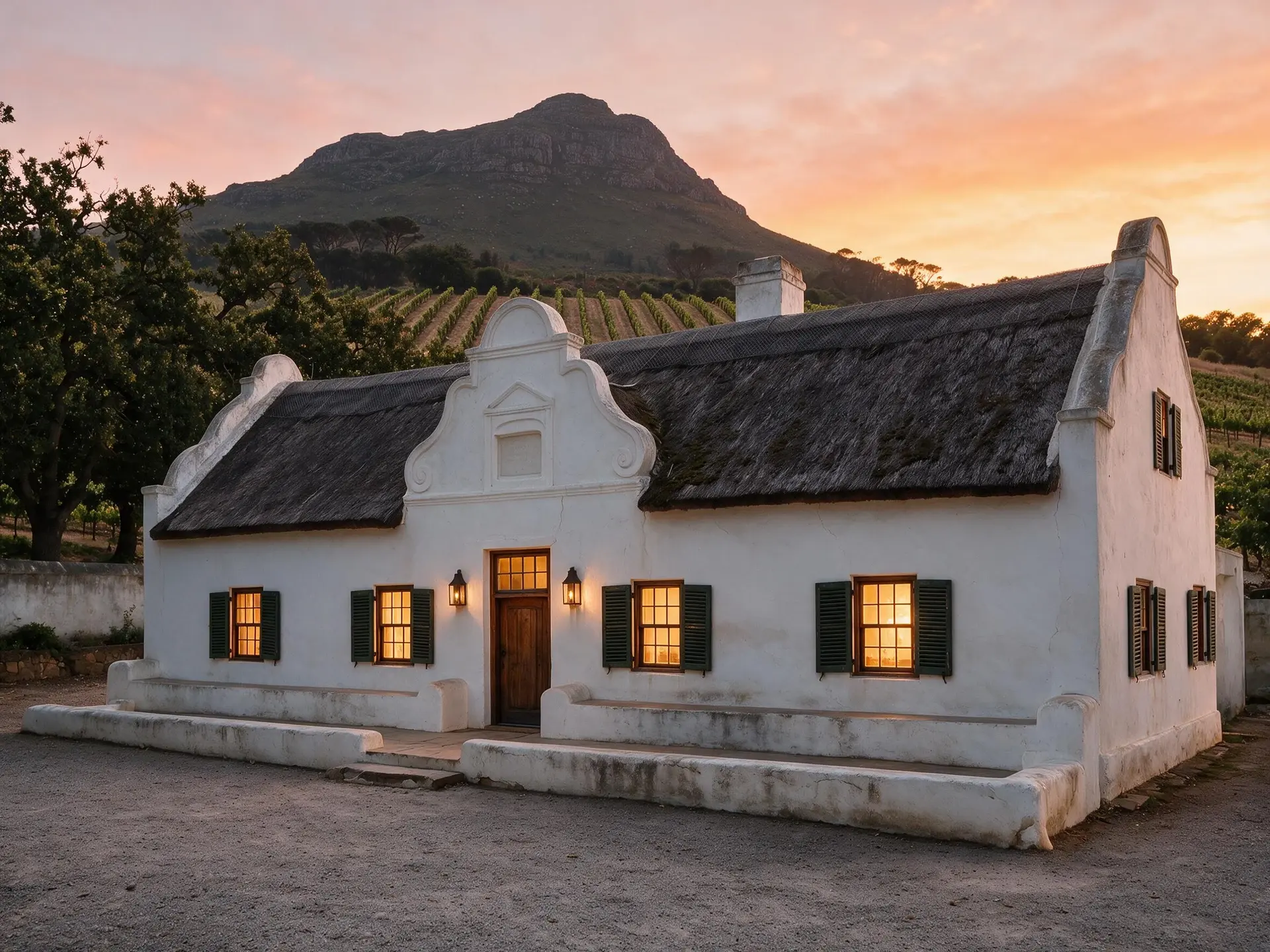 Before and after of a Cape Dutch gabled homestead in Constantia, Cape Town. — enhanced by Plotpane
