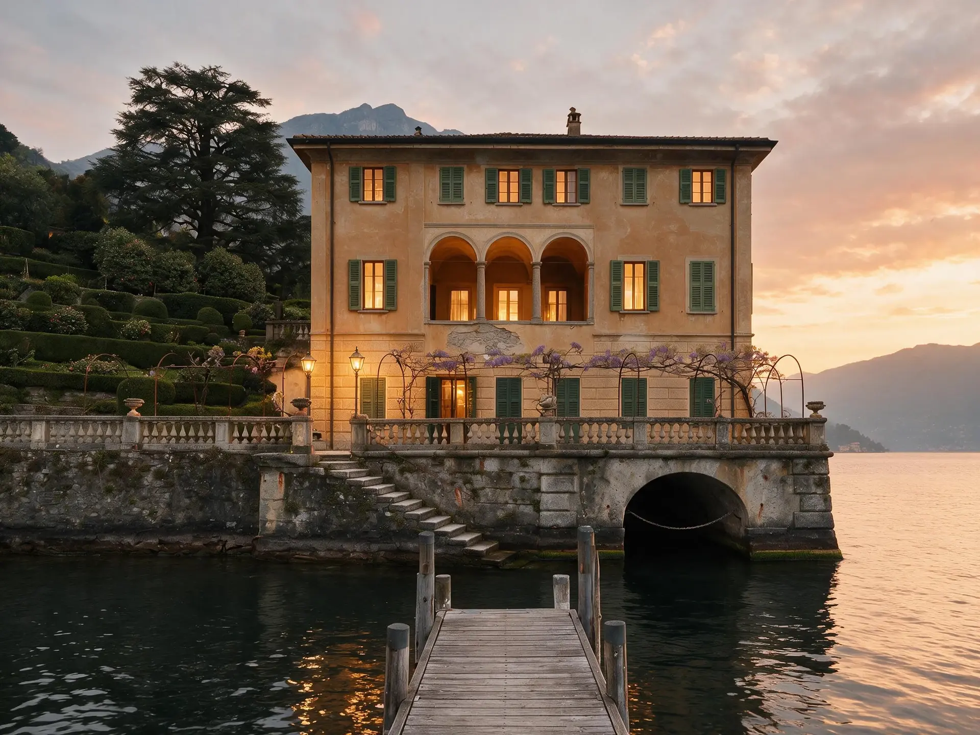 Before and after of a lakefront villa and boathouse at Bellagio, Lake Como, converted to golden-hour dusk. — enhanced by Plotpane