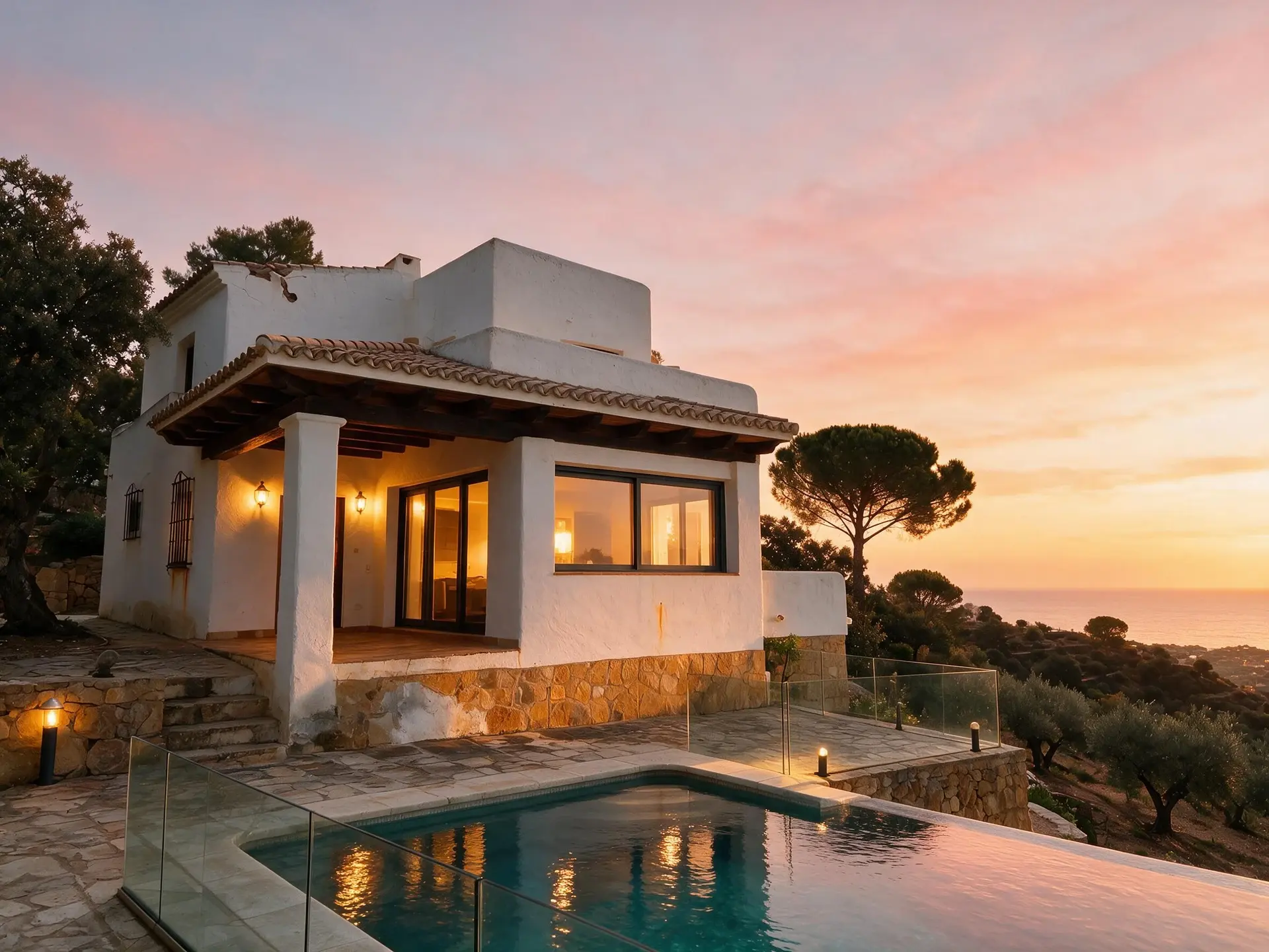 Before and after of a hillside villa exterior in La Zagaleta, Marbella, converted to golden-hour dusk. — enhanced by Plotpane