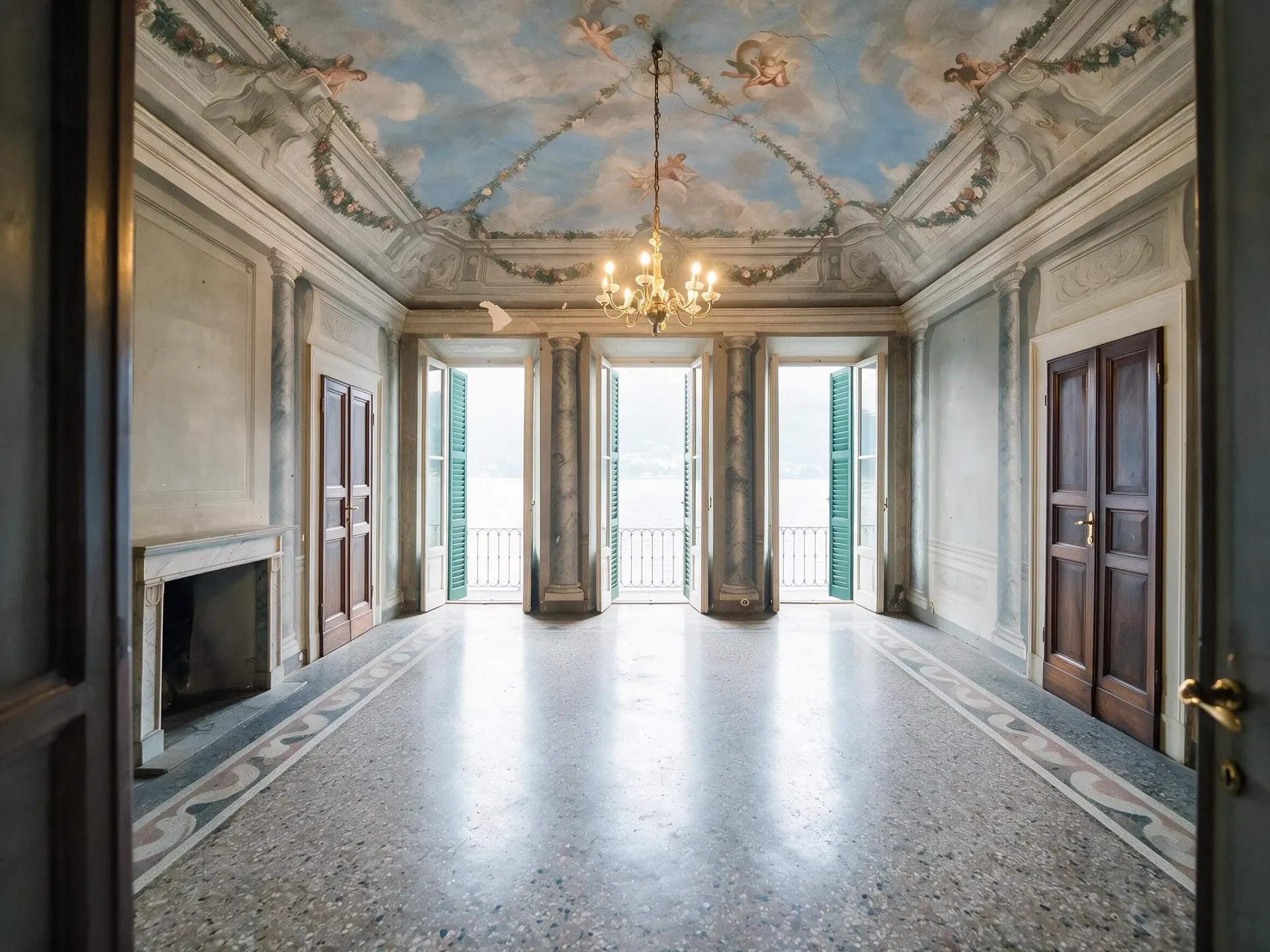 Before and after of a frescoed piano-nobile salon in Tremezzina, Lake Como, corrected for exposure and colour. — enhanced by Plotpane