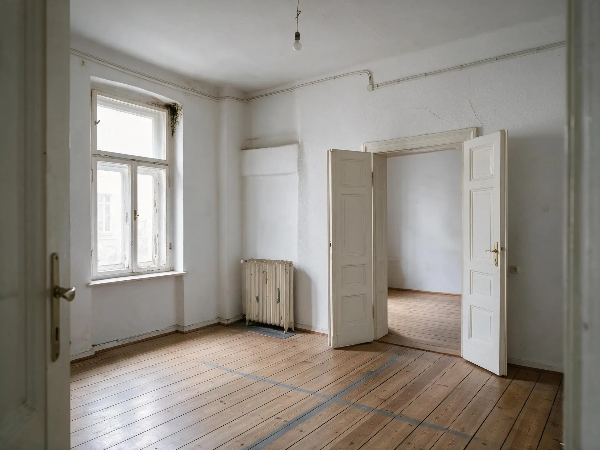 Before and after of an occupied tenant-let Altbau flat in Neukölln, Berlin, with clutter removed.