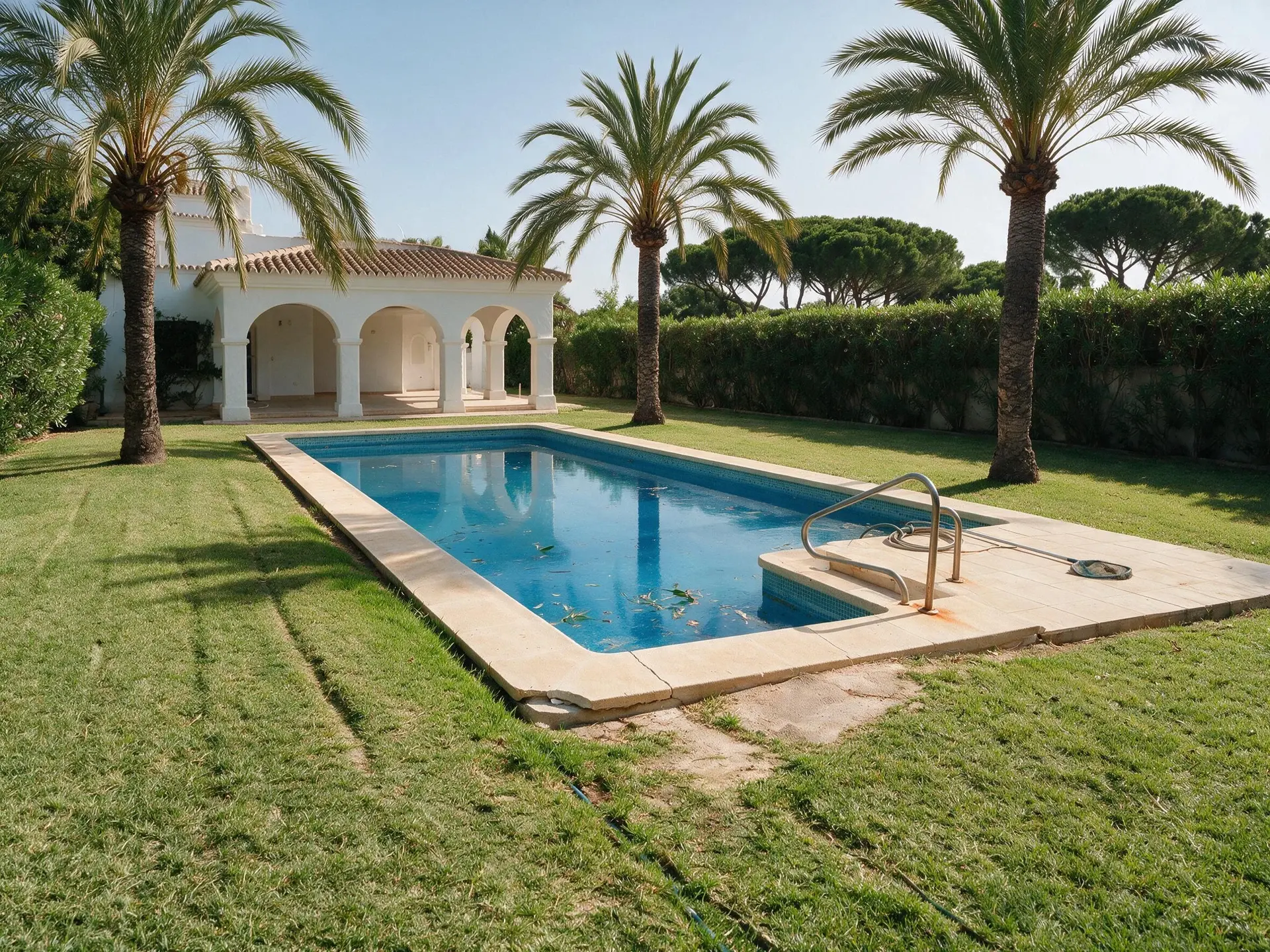 Before and after of a scorched lawn and green pool at a beachside villa on the Golden Mile, Marbella. — enhanced by Plotpane