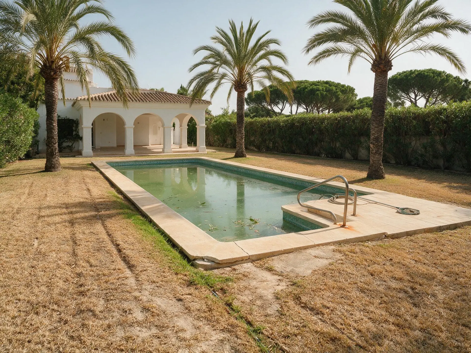 Before and after of a scorched lawn and green pool at a beachside villa on the Golden Mile, Marbella. — original listing photo before editing