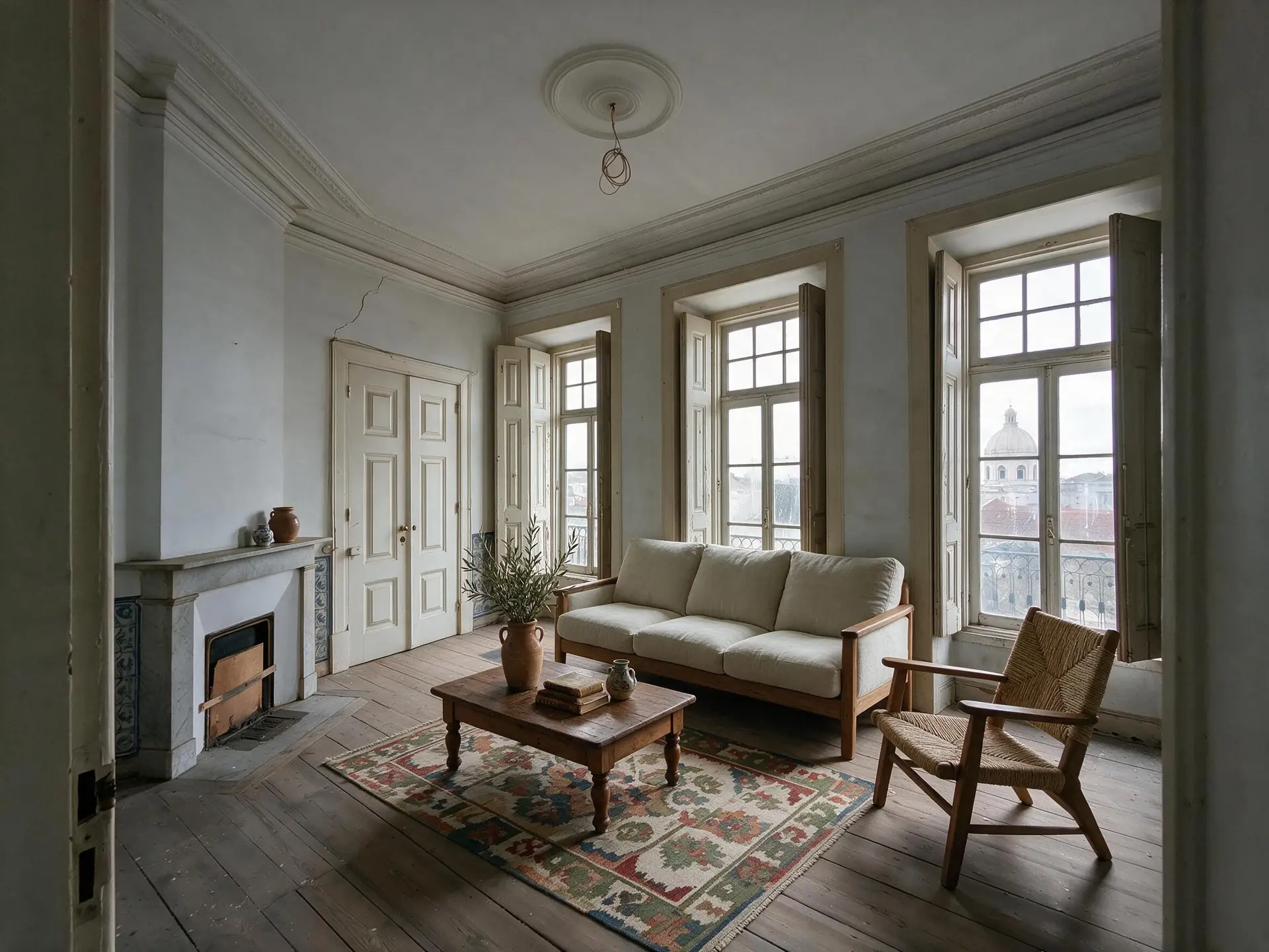 Before and after of an empty first-floor flat with shuttered windows in Estrela, Lisbon.