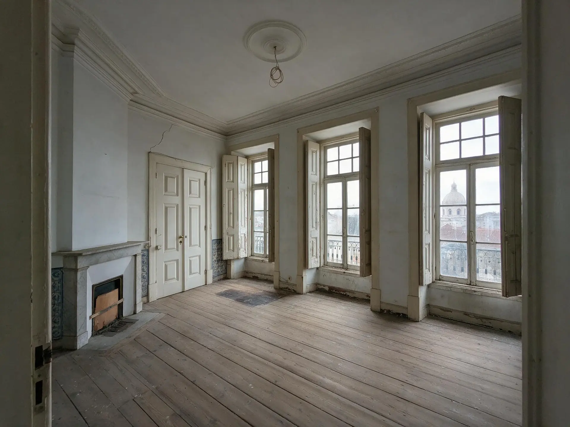 Before and after of an empty first-floor flat with shuttered windows in Estrela, Lisbon. — original listing photo before editing