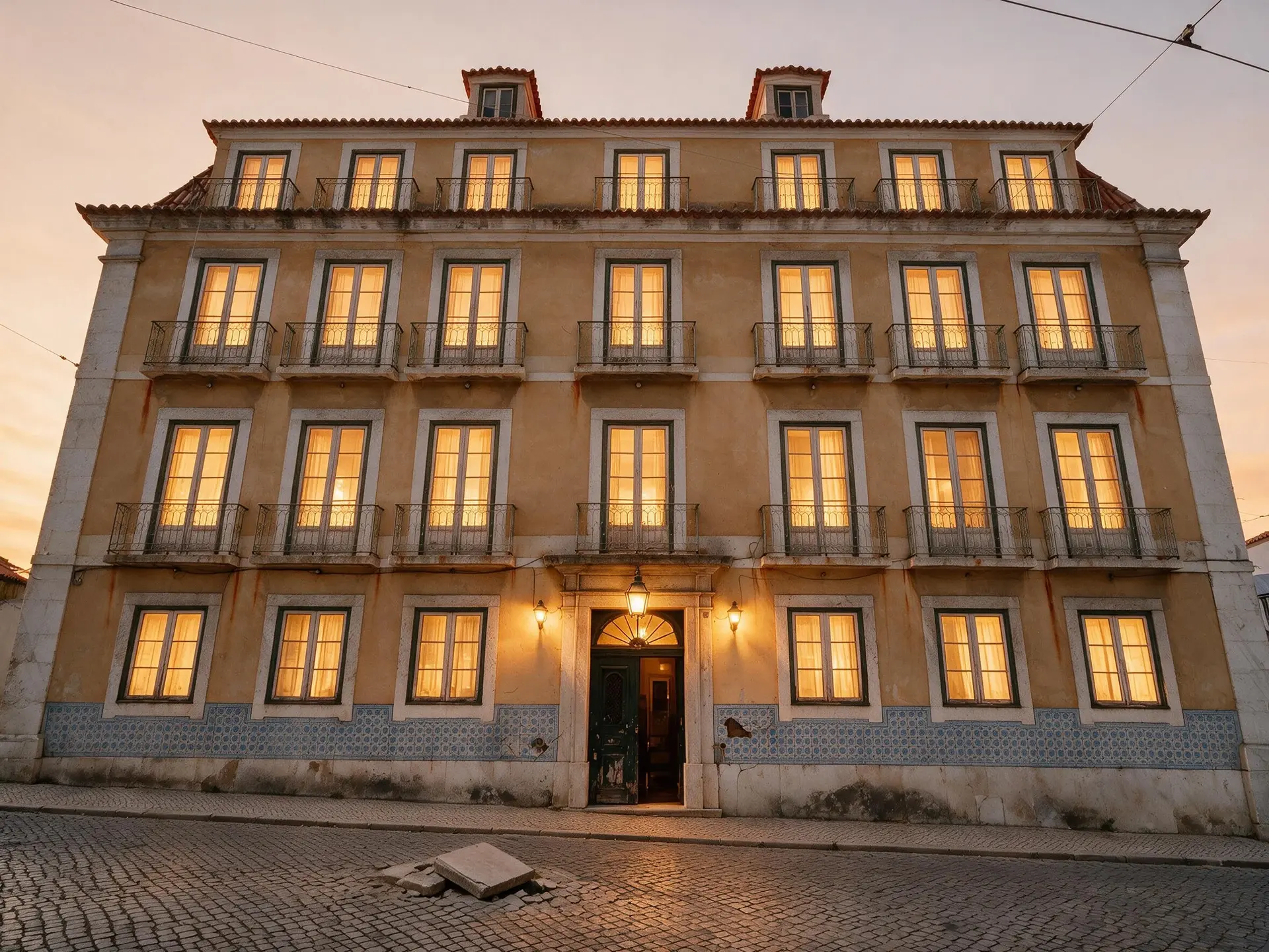 Before and after of a Pombaline apartment building facade in Príncipe Real, Lisbon, taken to dusk. — enhanced by Plotpane