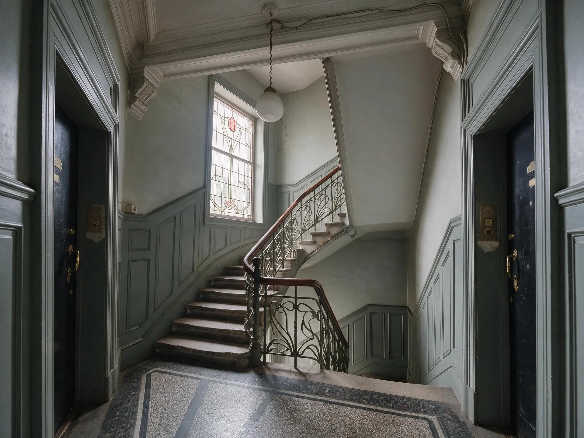 Before and after of a Jugendstil apartment-house stairwell in Seefeld, Zurich, with leaning verticals straightened.