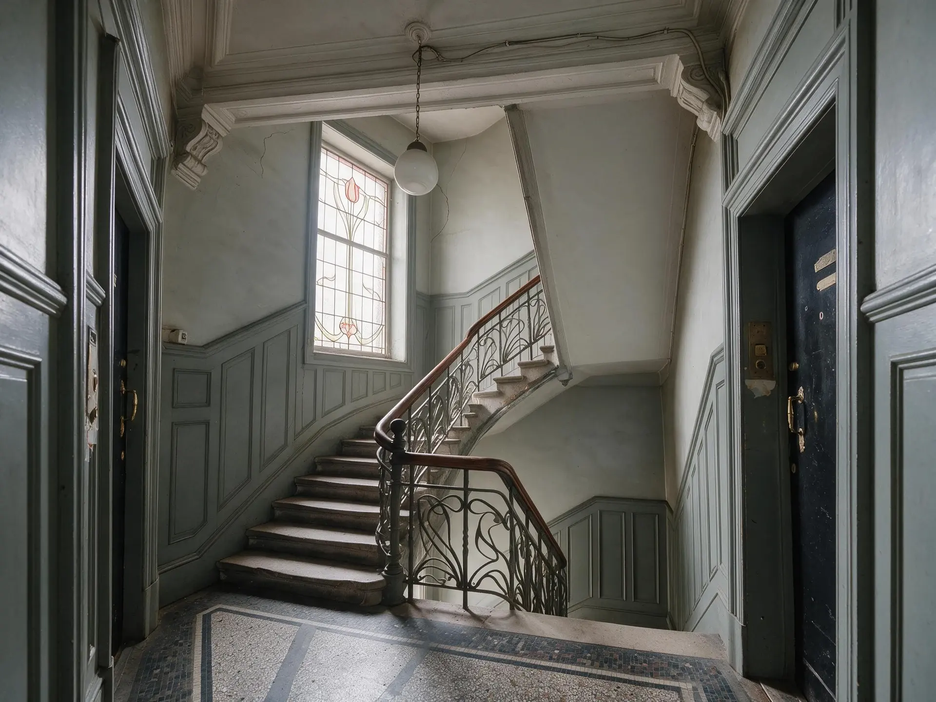Before and after of a Jugendstil apartment-house stairwell in Seefeld, Zurich, with leaning verticals straightened.