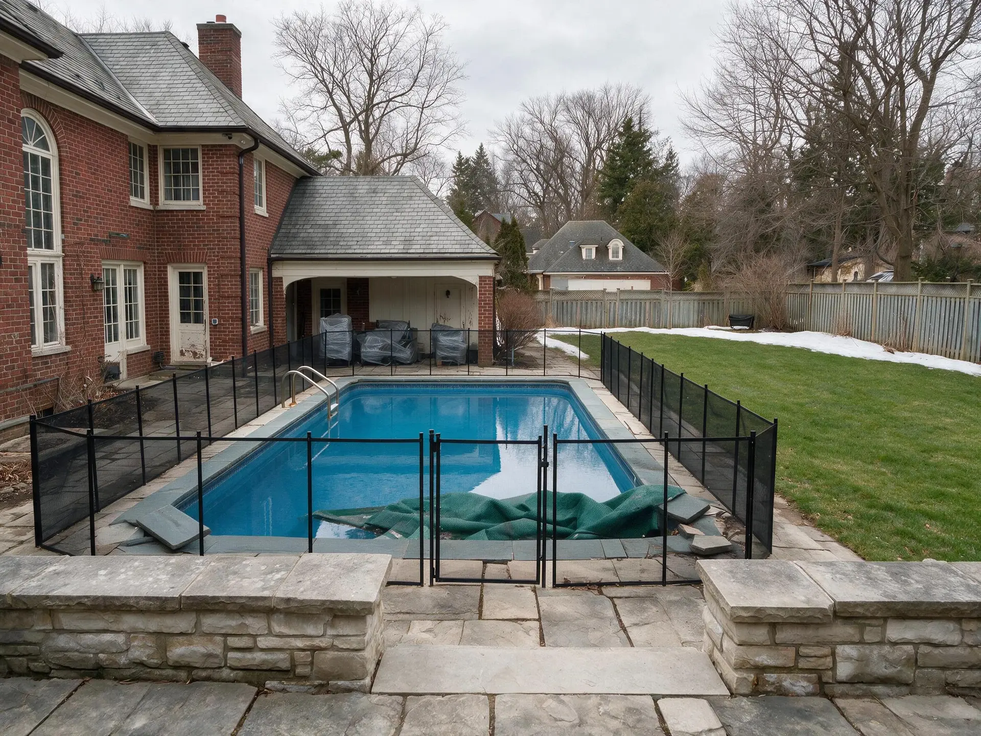 Before and after of the back garden and pool of a Forest Hill house in Toronto after winter. — enhanced by Plotpane