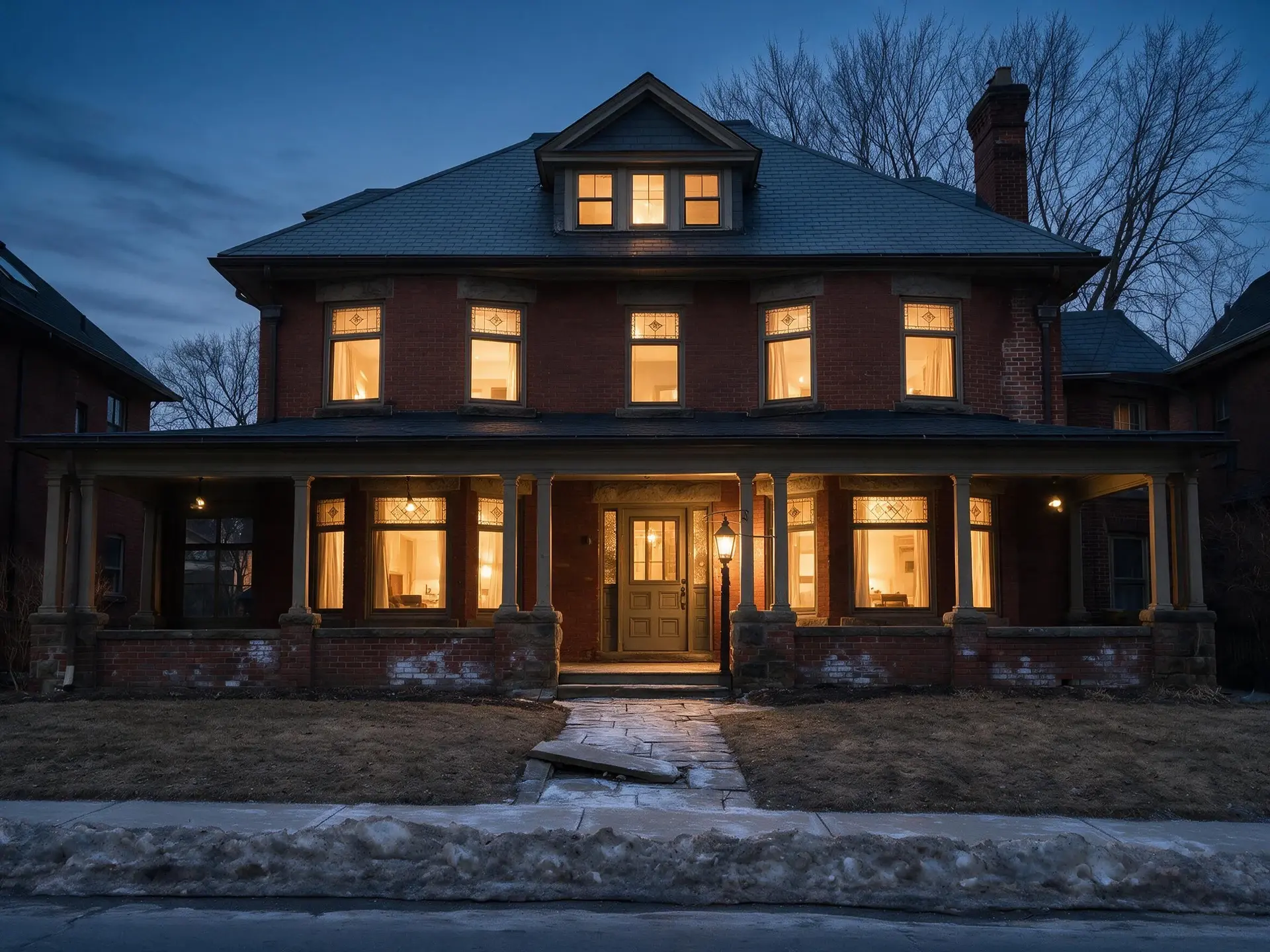 Before and after of an Edwardian red-brick house in Rosedale, Toronto, photographed in February. — enhanced by Plotpane