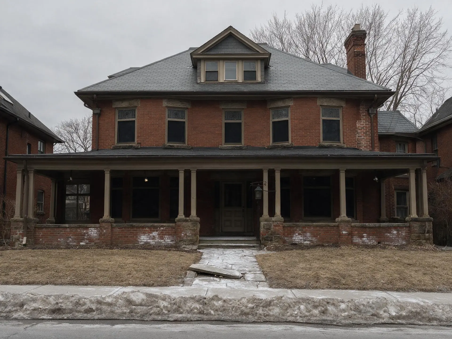 Before and after of an Edwardian red-brick house in Rosedale, Toronto, photographed in February. — original listing photo before editing