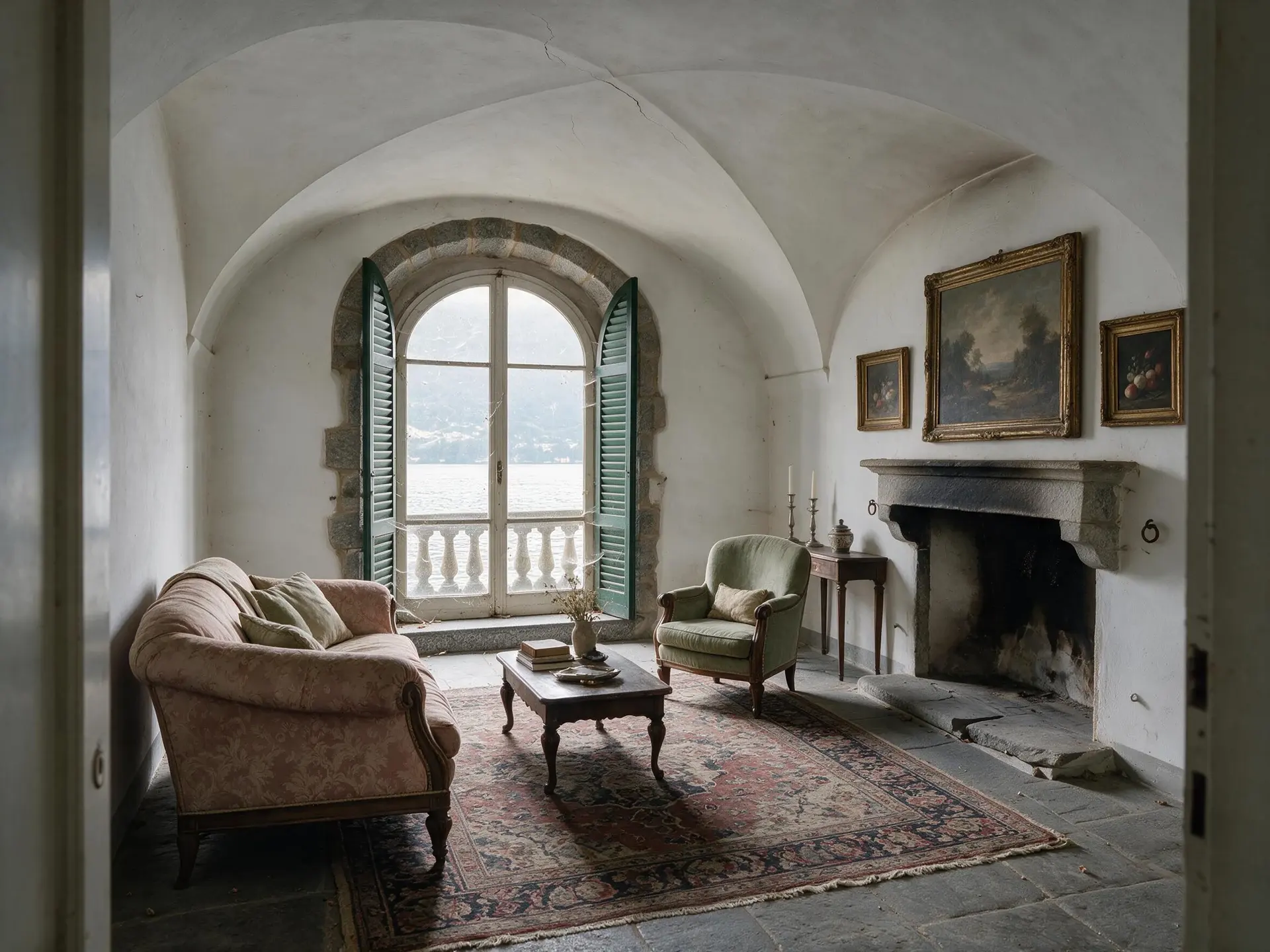 Before and after of an empty vaulted ground-floor room in Menaggio, Lake Como, furnished by virtual staging. — enhanced by Plotpane