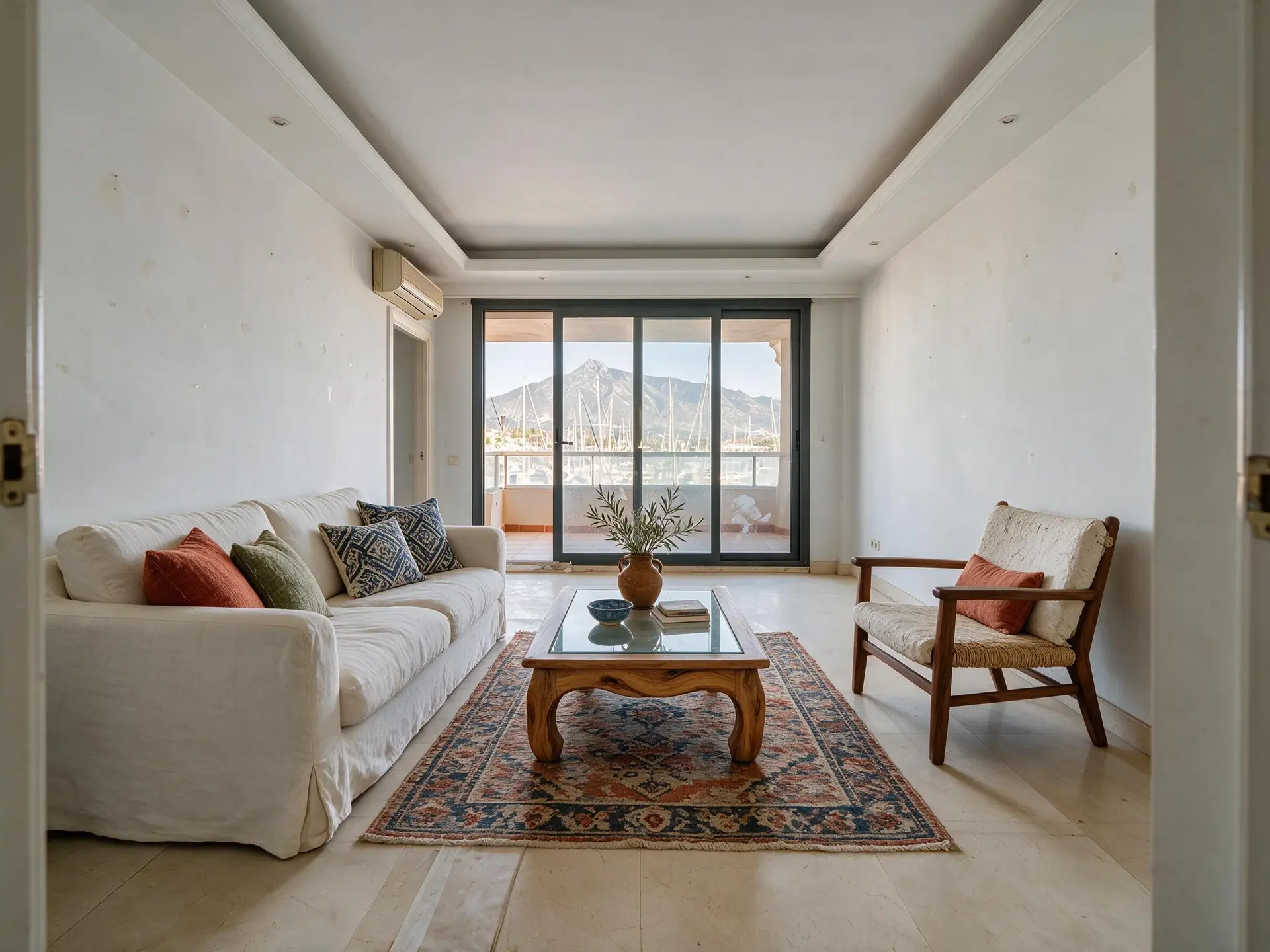 Before and after of an empty apartment salon overlooking Puerto Banús marina in Marbella, furnished by virtual staging. — enhanced by Plotpane