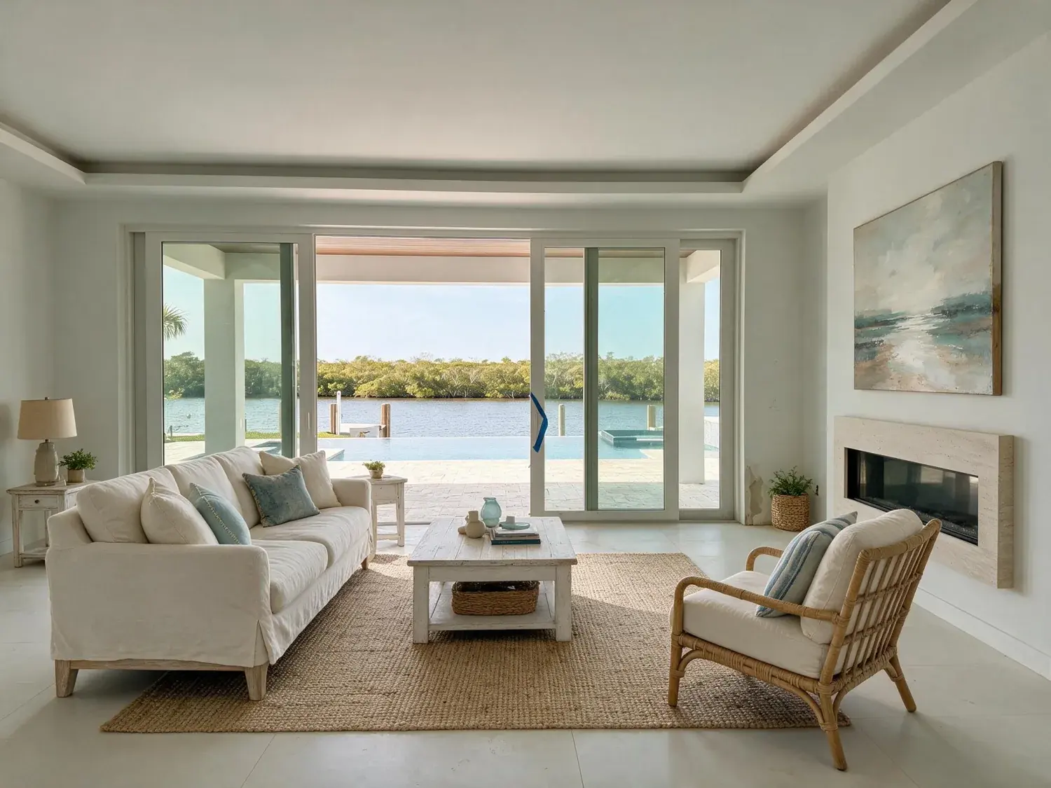 Before and after of empty port royal waterfront contemporary great room virtually staged with coastal-modern furniture while preserving the gordon pass water view — enhanced by Plotpane