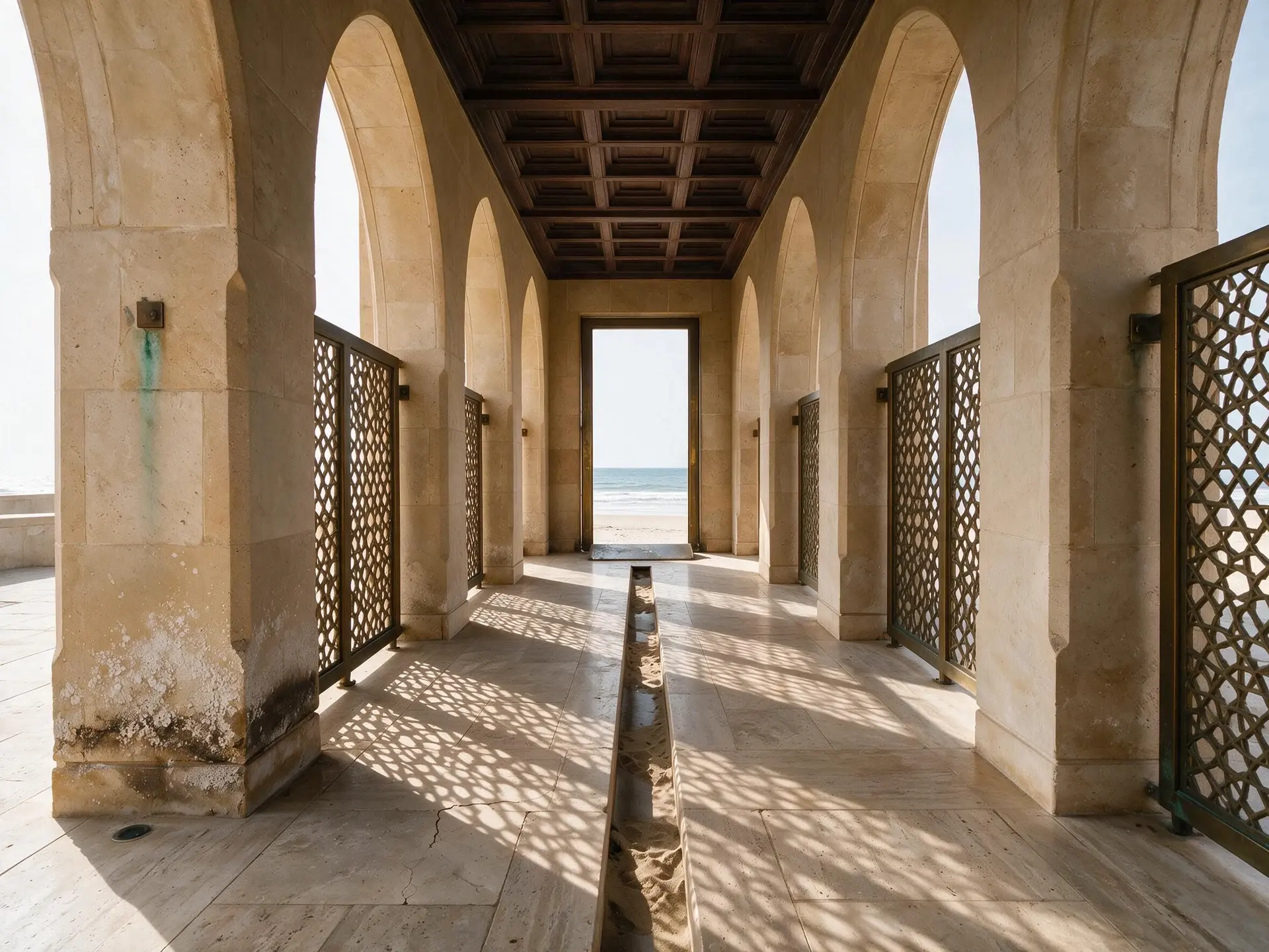 Before and after of an arched seafront gallery in a Saadiyat Island beach mansion, Abu Dhabi.