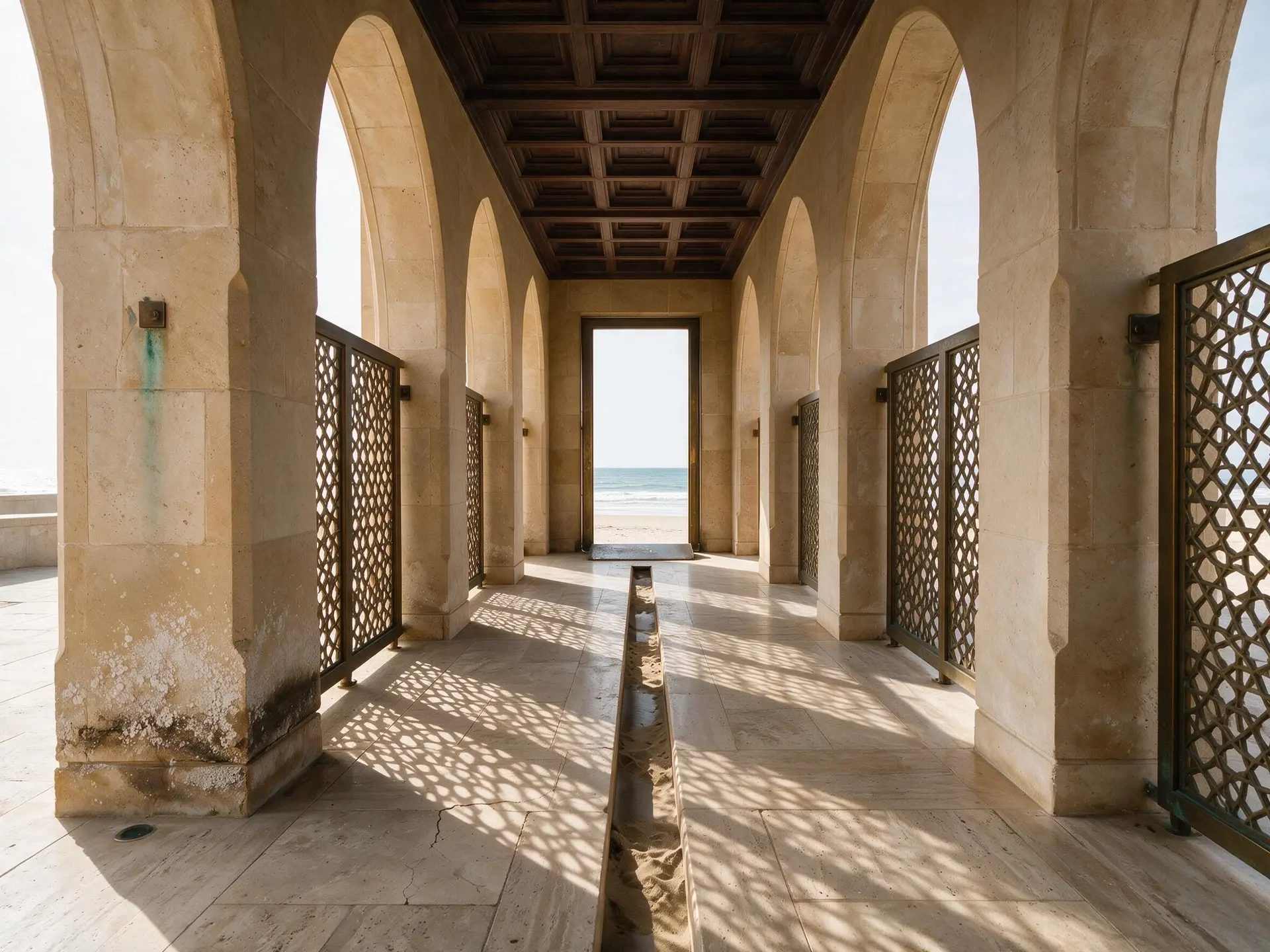 Before and after of an arched seafront gallery in a Saadiyat Island beach mansion, Abu Dhabi.