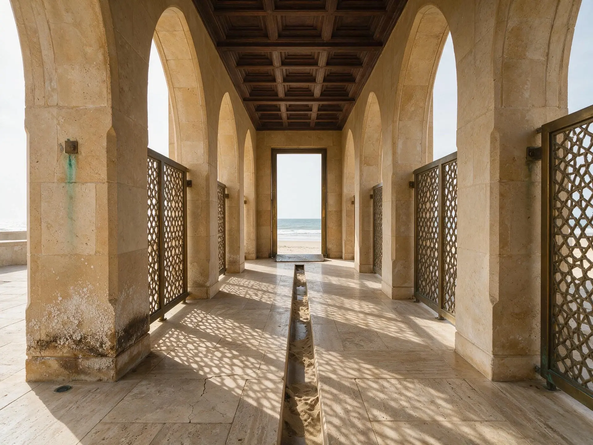Before and after of an arched seafront gallery in a Saadiyat Island beach mansion, Abu Dhabi. — original listing photo before editing