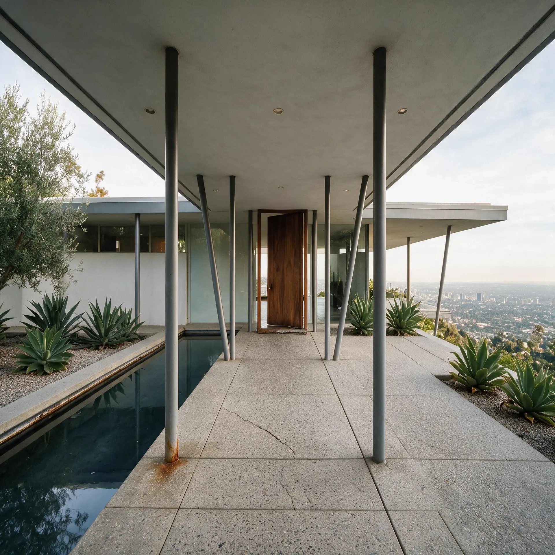 Before and after of a post-and-beam entry colonnade at a Trousdale Estates house in Beverly Hills. — enhanced by Plotpane