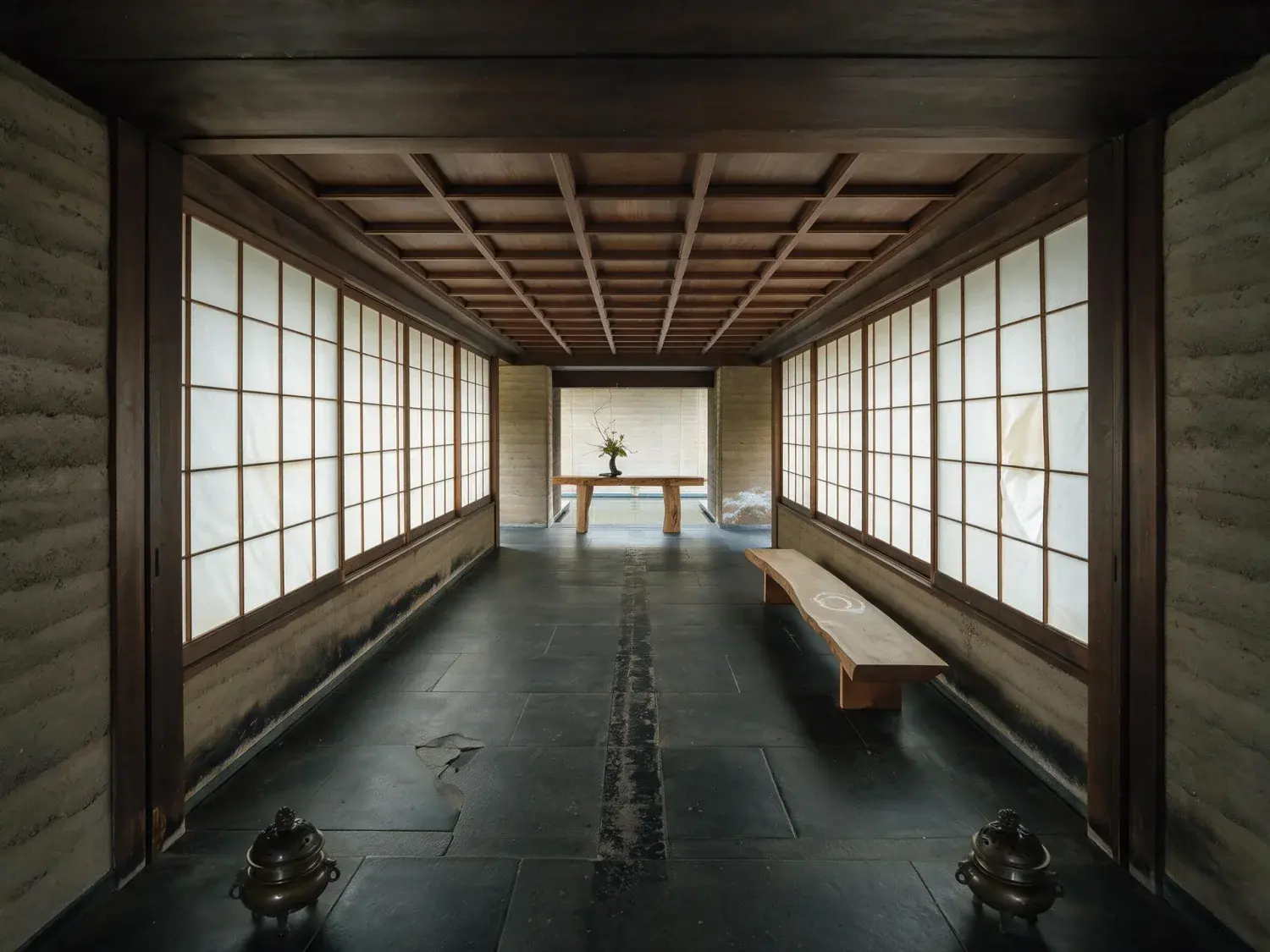 Before and after of an aman-quiet arrival lobby of dark stone and rice-paper light resolves into editorial clarity, every grain of its ink-black floor alive — enhanced by Plotpane