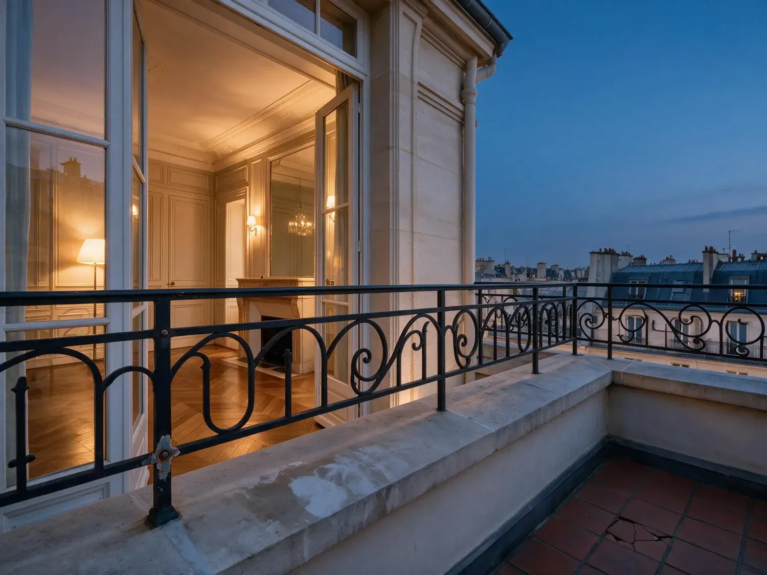 Before and after of a haussmannian penthouse on avenue montaigne slides from afternoon into a paris blue hour, its zinc-roof horizon studded with existing landmarks waking up — enhanced by Plotpane