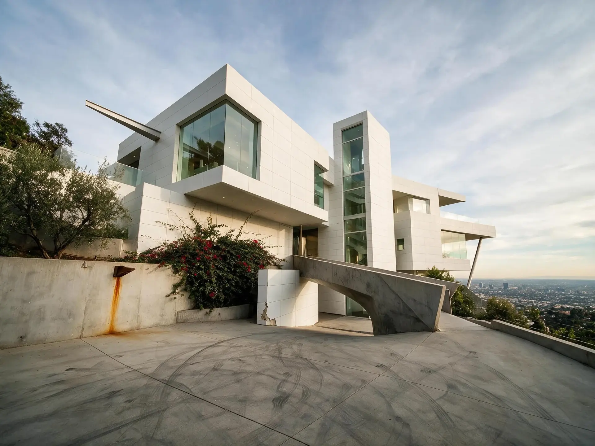 Before and after of a stacked white bel air mansion clings to the ridge, its orthogonal volumes corrected into pure architectural geometry — enhanced by Plotpane