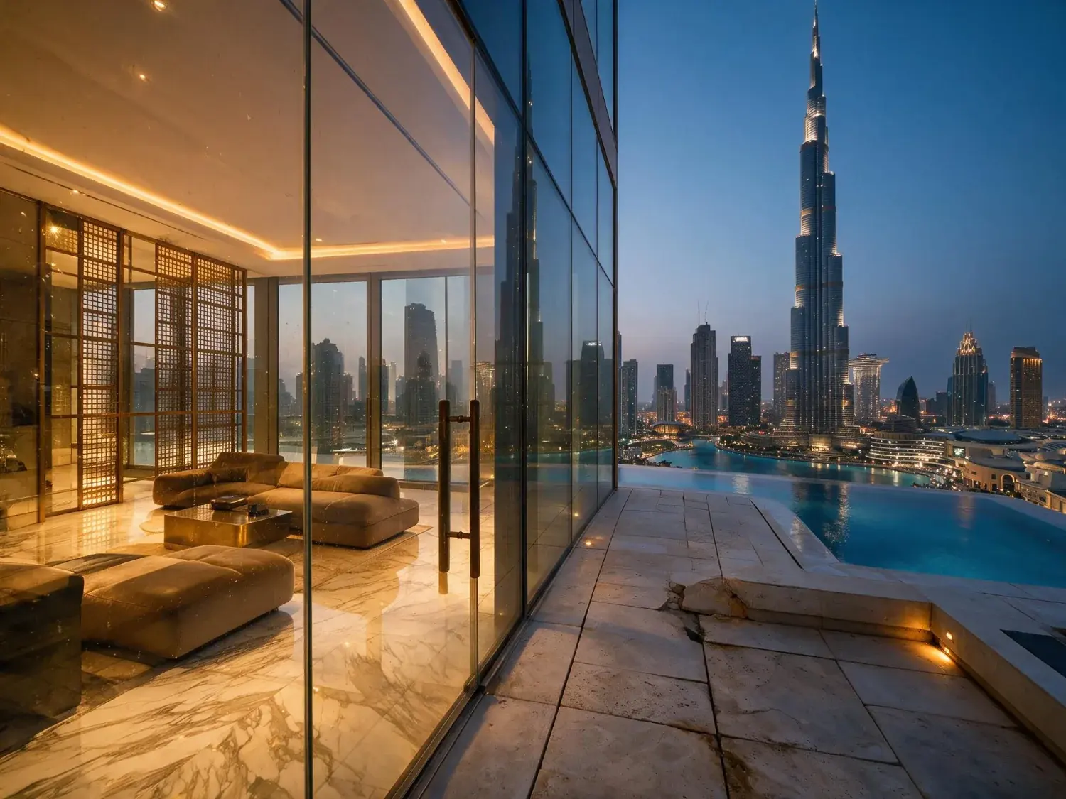 Before and after of a sculpted full-floor penthouse balcony frames the burj khalifa spire as the desert dusk turns the glass canyon molten amber — enhanced by Plotpane
