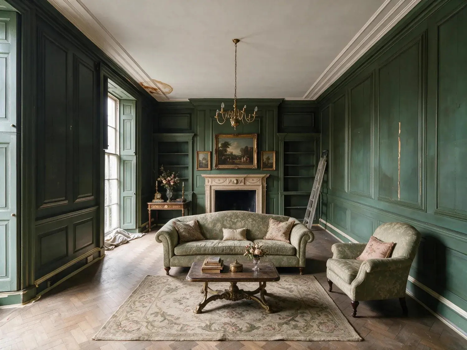 Before and after of an empty listed-townhouse library is staged into a clubland reading room, its panelled walls lined and its fire suddenly lit — enhanced by Plotpane