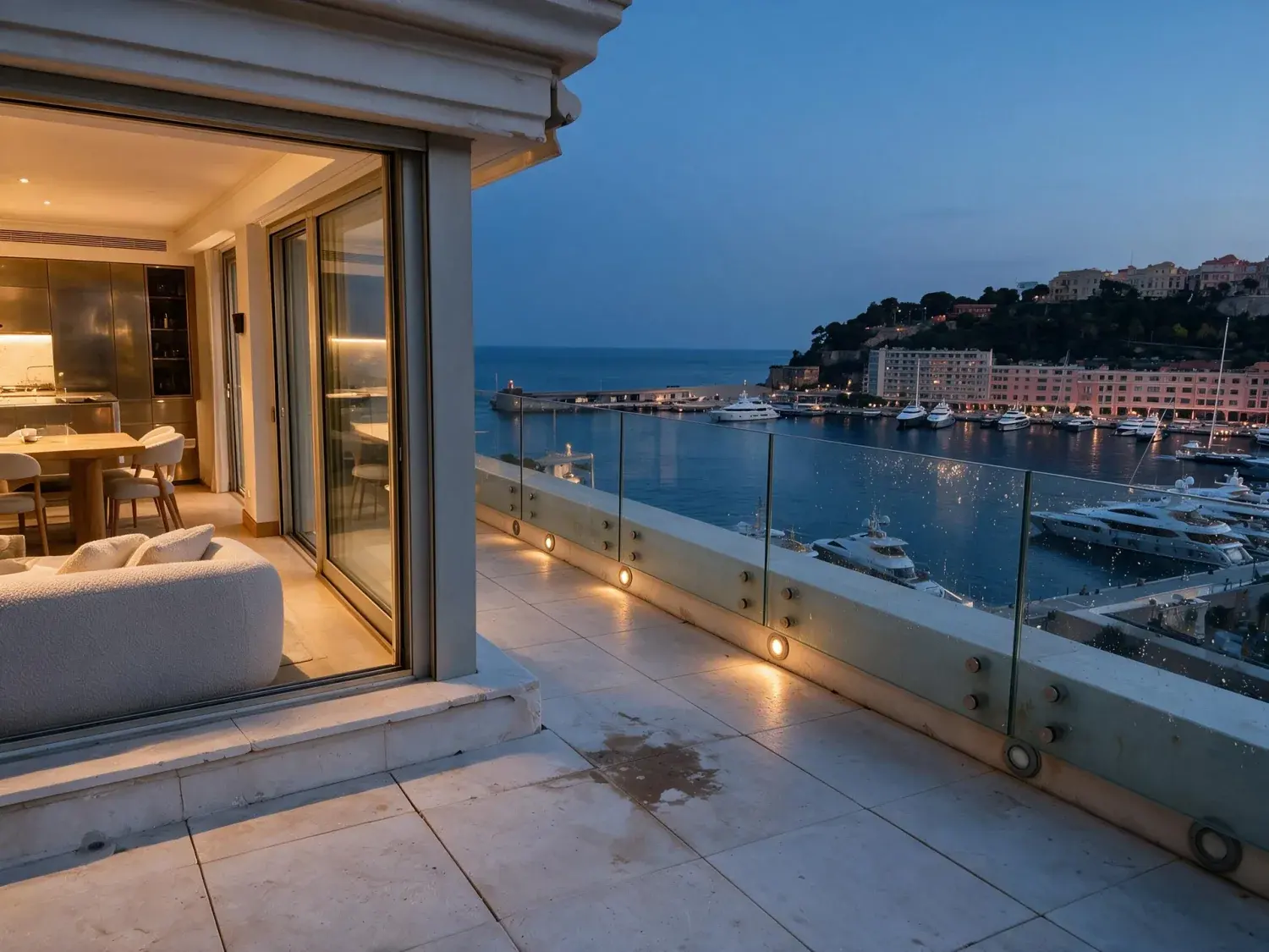 Before and after of a sleek monaco apartment terrace faces the existing port hercules yachts as the riviera dusk lights their decks into a constellation — enhanced by Plotpane