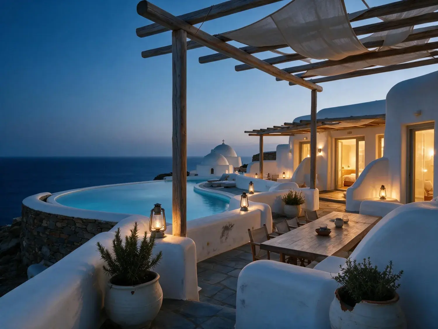 Before and after of a whitewashed cycladic hotel terrace tips into a cinematic aegean dusk, lanterns waking along its curved infinity pool — enhanced by Plotpane