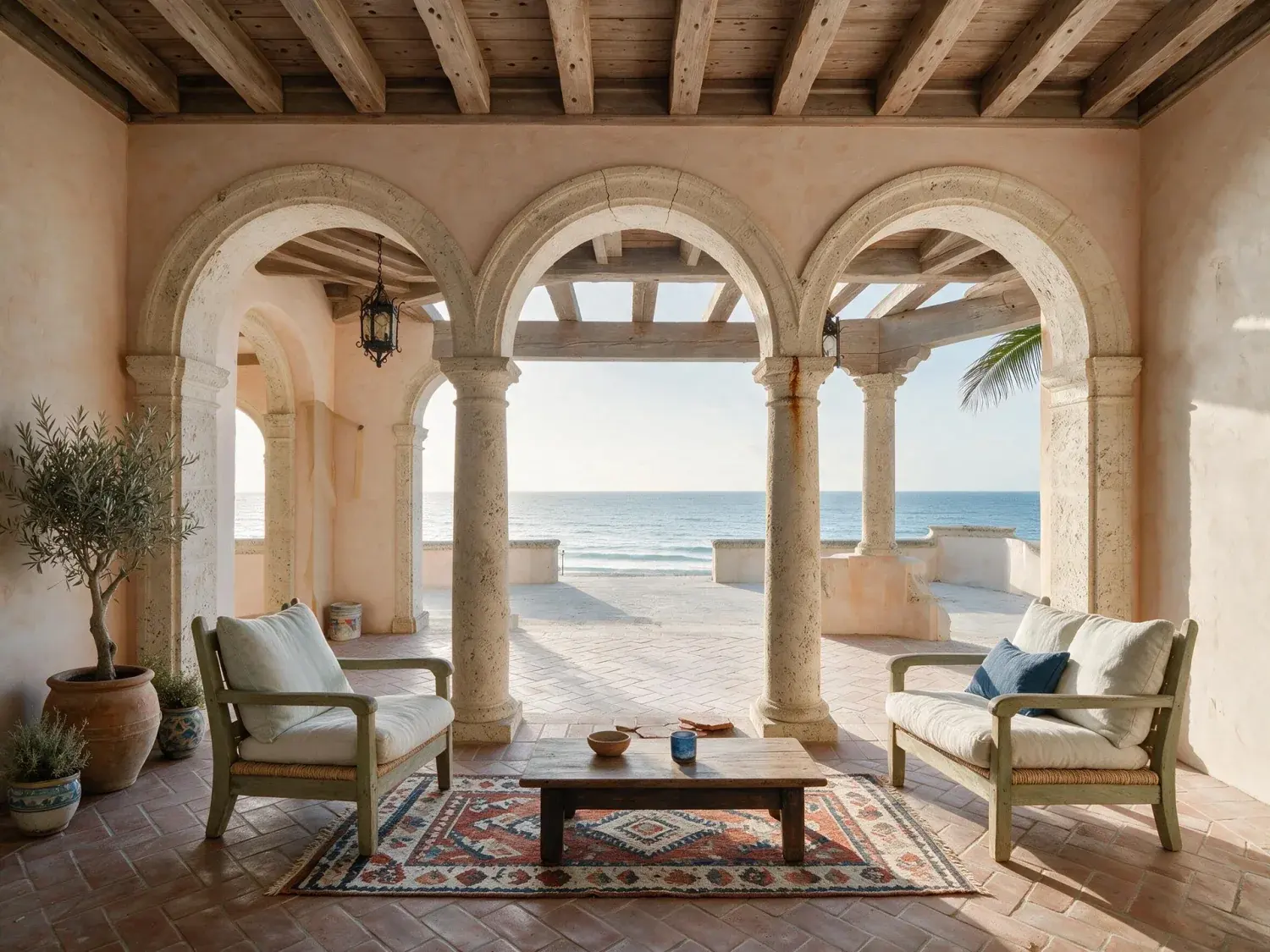 Before and after of an empty mizner-lineage loggia in a palm beach oceanfront mansion waits to be dressed, its atlantic view framed by bleached coral arches — enhanced by Plotpane