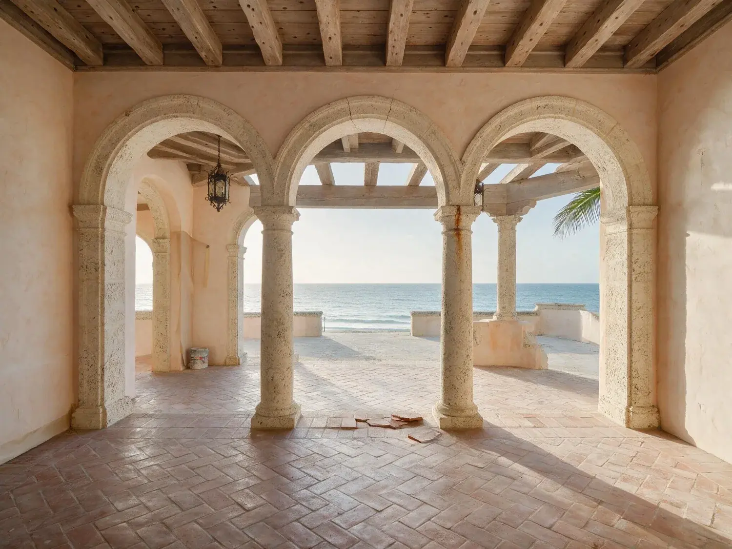 Before and after of an empty mizner-lineage loggia in a palm beach oceanfront mansion waits to be dressed, its atlantic view framed by bleached coral arches — original listing photo before editing