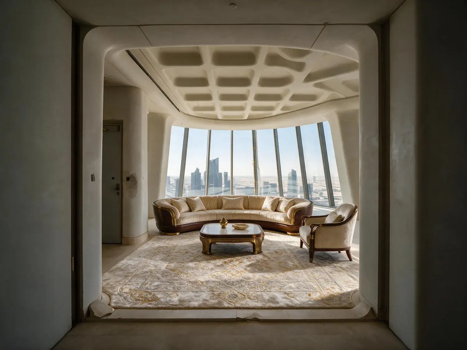 Before and after of a penthouse crowning a parametric kafd tower in riyadh, its living core reimagined from bare concrete shell into a najdi-modernist salon — enhanced by Plotpane