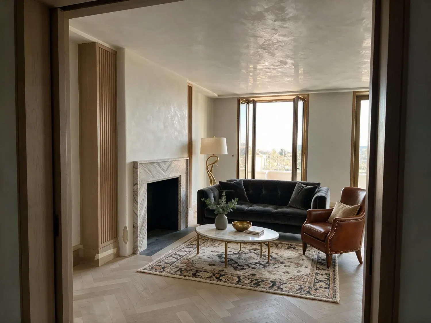 Before and after of an empty rosewood signature suite is dressed into a residential club salon, its terrace doors flung open to a distant existing view — enhanced by Plotpane