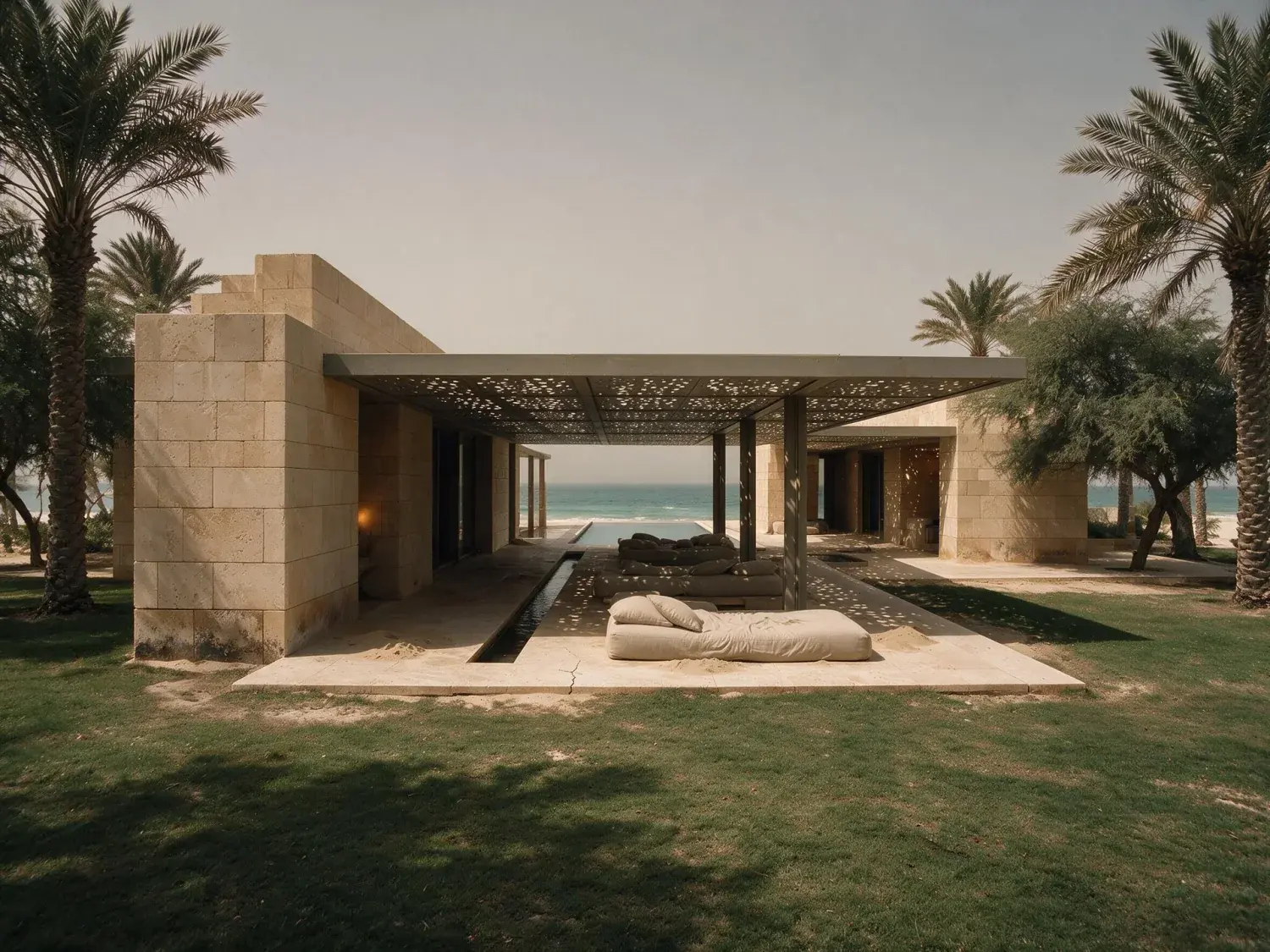 Before and after of a low-slung limestone beach estate on saadiyat island, its colonnade echoing jean nouvel while the gulf laps a private cove — enhanced by Plotpane