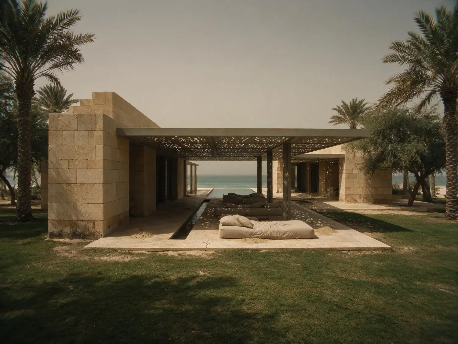 Before and after of a low-slung limestone beach estate on saadiyat island, its colonnade echoing jean nouvel while the gulf laps a private cove — original listing photo before editing